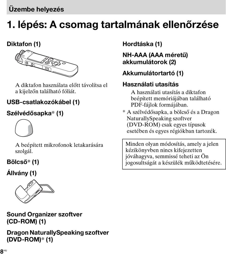 Bölcső* (1) Állvány (1) Hordtáska (1) NH-AAA (AAA méretű) akkumulátorok (2) Akkumulátortartó (1) Használati utasítás A használati utasítás a diktafon beépített memóriájában található PDF-fájlok