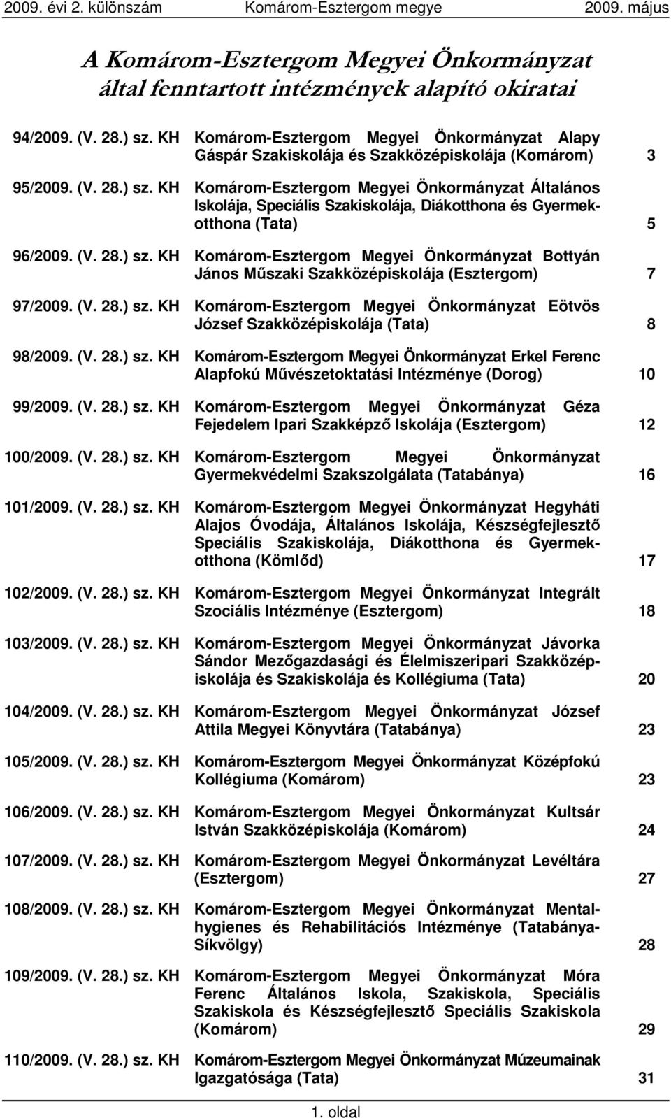 KH Komárom-Esztergom Megyei Önkormányzat Általános Iskolája, Speciális Szakiskolája, Diákotthona és Gyermekotthona (Tata) 5 96/2009. (V. 28.) sz.