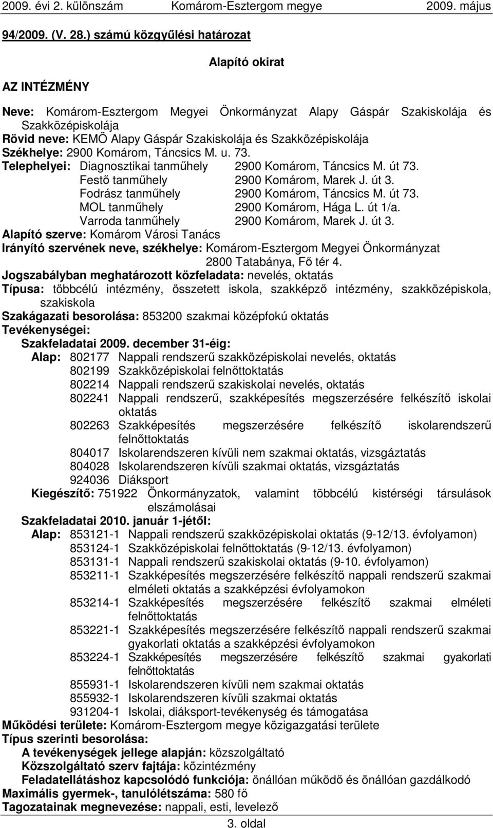 Székhelye: 2900 Komárom, Táncsics M. u. 73. Telephelyei: Diagnosztikai tanmőhely 2900 Komárom, Táncsics M. út 73. Festı tanmőhely 2900 Komárom, Marek J. út 3.