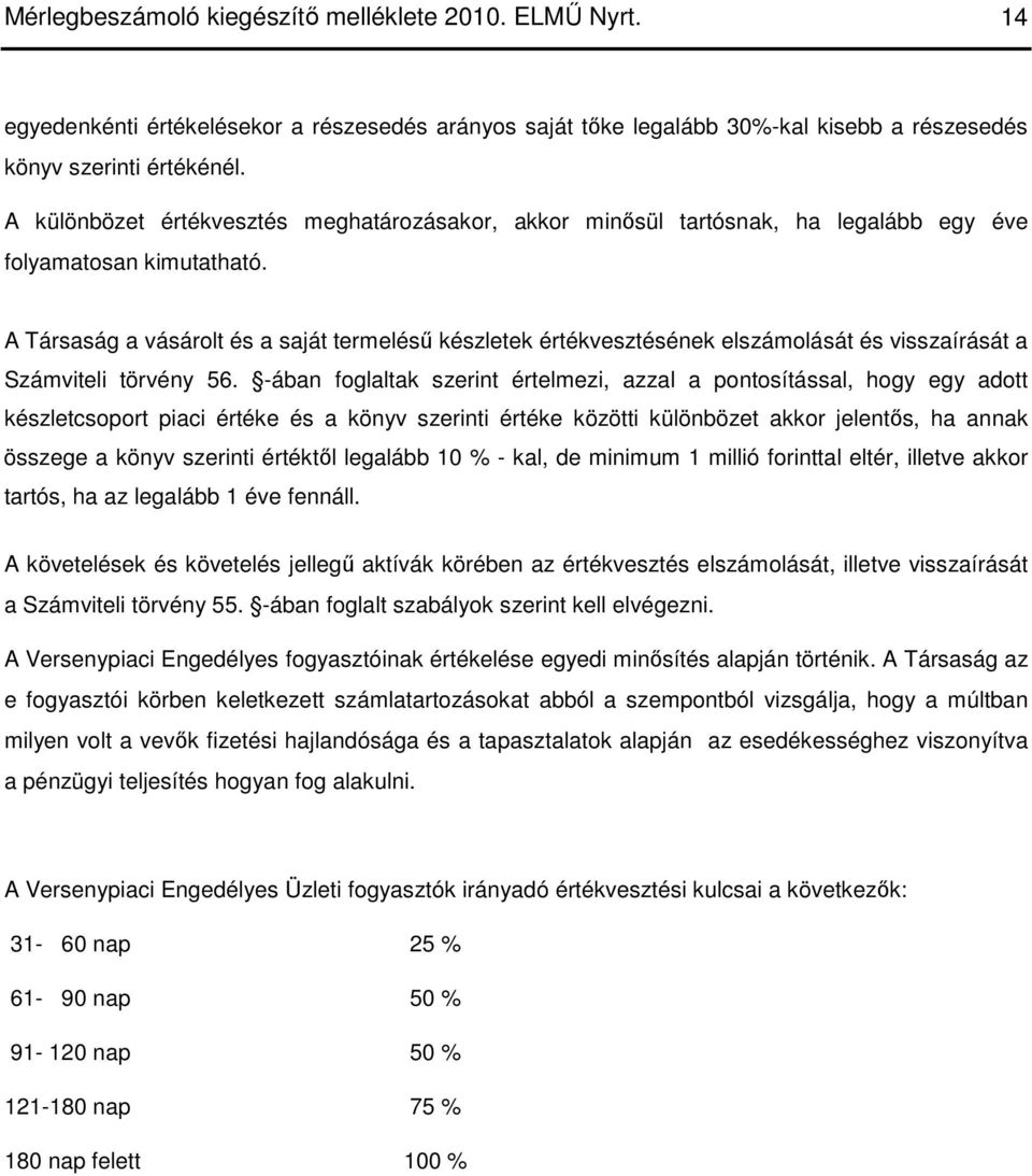 A Társaság a vásárolt és a saját termeléső készletek értékvesztésének elszámolását és visszaírását a Számviteli törvény 56.