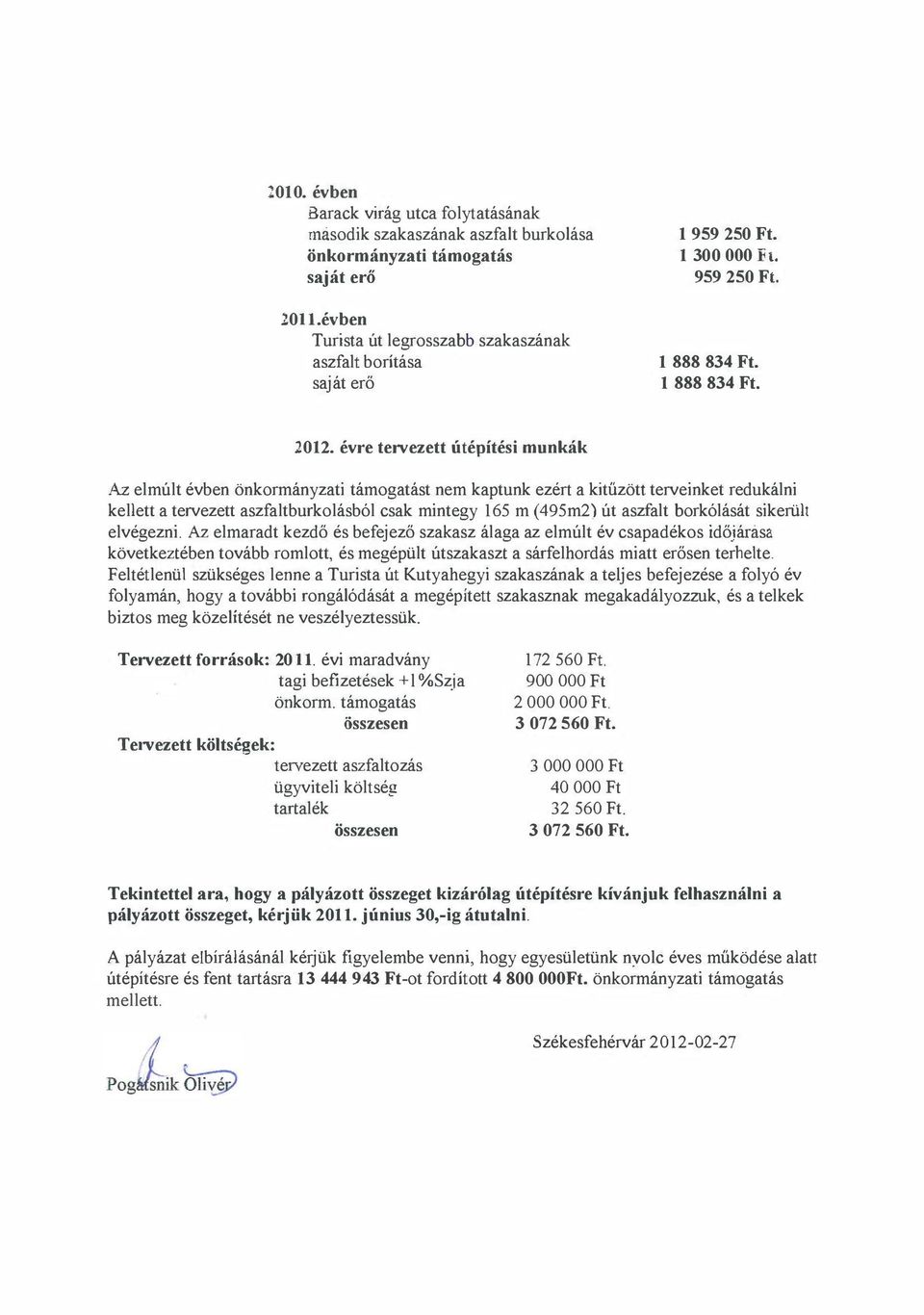 évre tervezett útépítési munkák Az elmúlt évben önkormányzati támogatást nem kaptunk ezért a kitűzött terveinket redukálni kellett a tervezett aszfaltburkolásból csak mintegy 165 m (495m2) út aszfalt