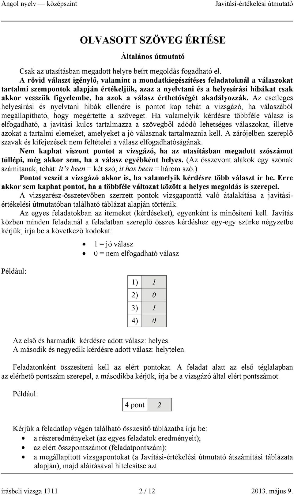 azok a válasz érthetőségét akadályozzák. Az esetleges helyesírási és nyelvtani hibák ellenére is pontot kap tehát a vizsgázó, ha válaszából megállapítható, hogy megértette a szöveget.