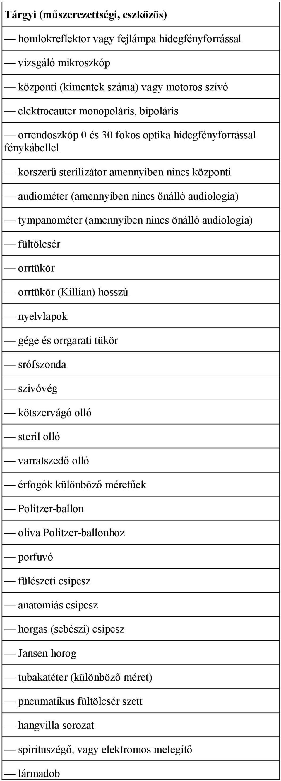 fültölcsér orrtükör orrtükör (Killian) hosszú nyelvlapok gége és orrgarati tükör srófszonda szivóvég kötszervágó olló steril olló varratszedő olló érfogók különböző méretűek Politzer-ballon oliva