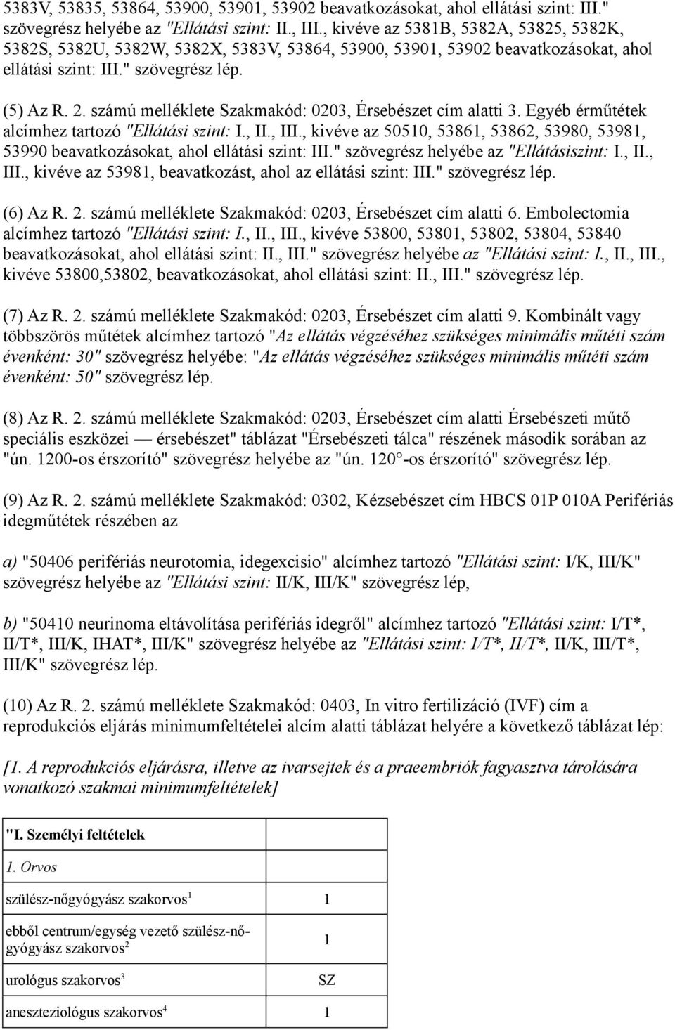 számú melléklete Szakmakód: 0203, Érsebészet cím alatti 3. Egyéb érműtétek alcímhez tartozó "Ellátási szint: I., II., III.