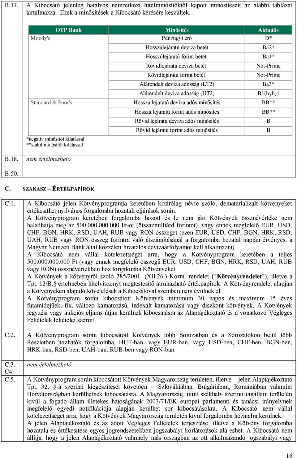 Alárendelt deviza adósság (UT2) Ba2* Ba1* Not-Prime Not-Prime Ba3* B1(hyb)* Standard & Poor's Hosszú lejáratú deviza adós minősítés BB** *negatív minősítői kilátással **stabil minősítői kilátással