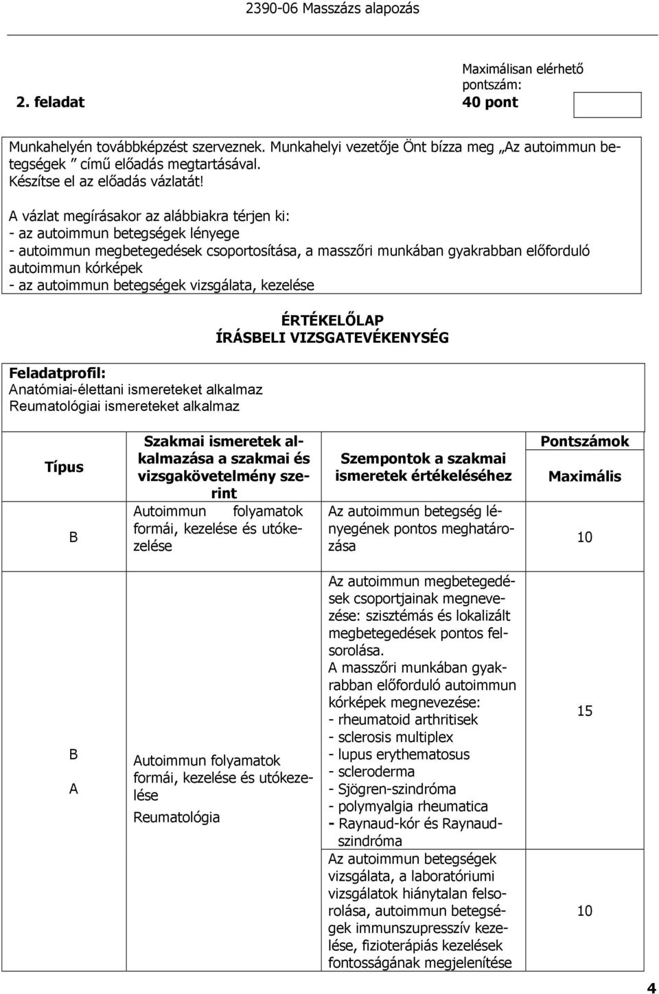 betegségek vizsgálata, kezelése Feladatprofil: natómiai-élettani ismereteket alkalmaz Reumatológiai ismereteket alkalmaz ÉRTÉKELİLP ÍRÁSBELI VIZSGTEVÉKENYSÉG Típus B Szakmai ismeretek alkalmazása a