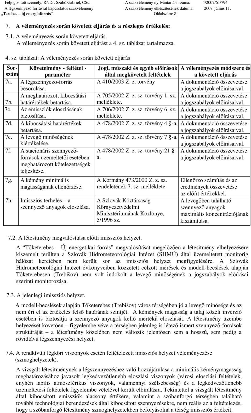 határértékek betartása. 7c. Az emissziók eloszlásának biztosítása. 7d. A kibocsátási határértékek betartása. 7e. A levegı minıségének kiértékelése. 7f.