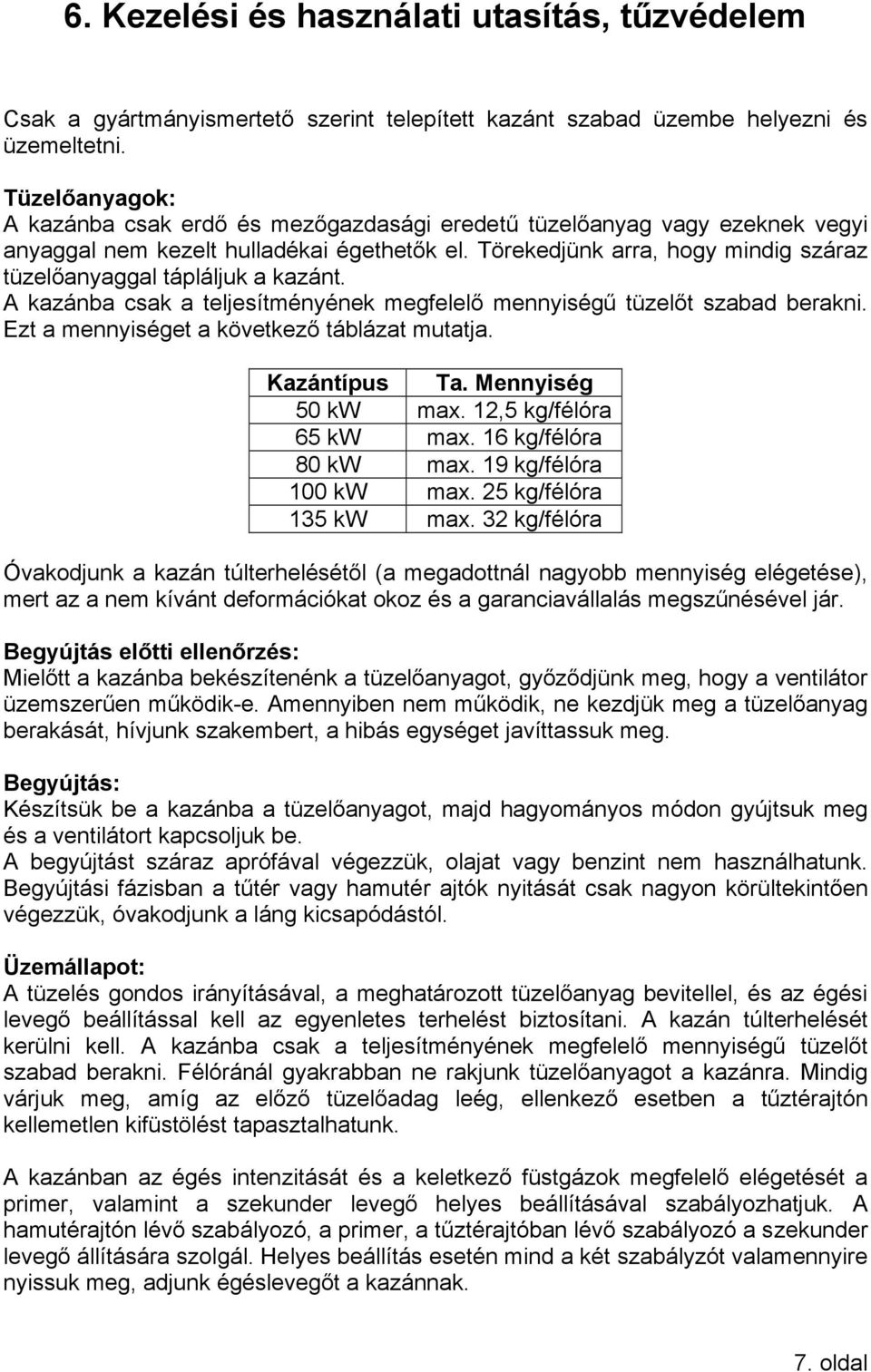 Törekedjünk arra, hogy mindig száraz tüzelőanyaggal tápláljuk a kazánt. A kazánba csak a teljesítményének megfelelő mennyiségű tüzelőt szabad berakni. Ezt a mennyiséget a következő táblázat mutatja.