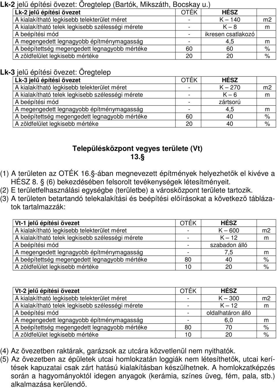 legnagyobb építménymagasság - 4,5 m A beépítettség megengedett legnagyobb mértéke 60 60 % A zöldfelület legkisebb mértéke 20 20 % Lk-3 jelű építési övezet: Öregtelep Lk-3 jelű építési övezet OTÉK