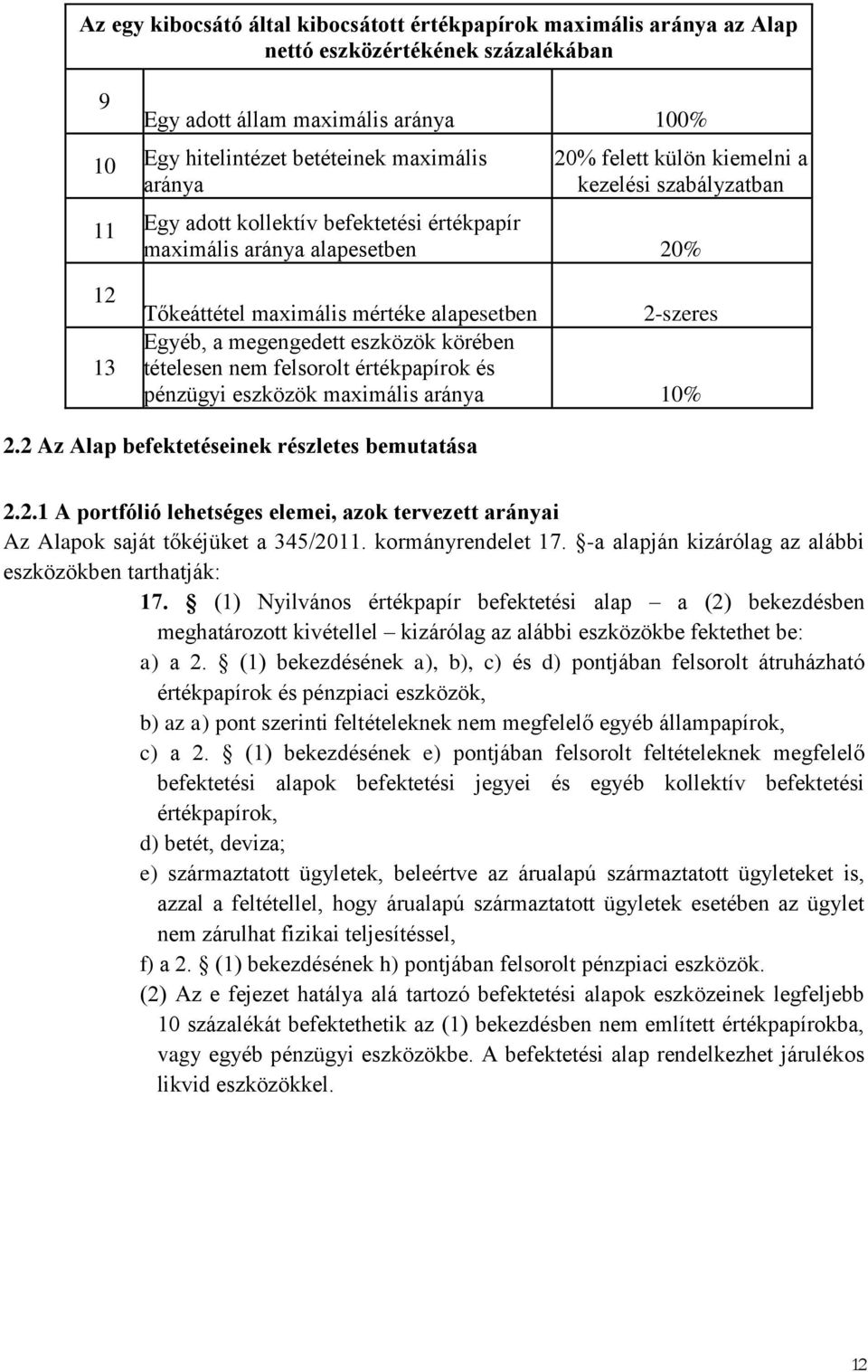 megengedett eszközök körében tételesen nem felsorolt értékpapírok és pénzügyi eszközök maximális aránya 10% 2.