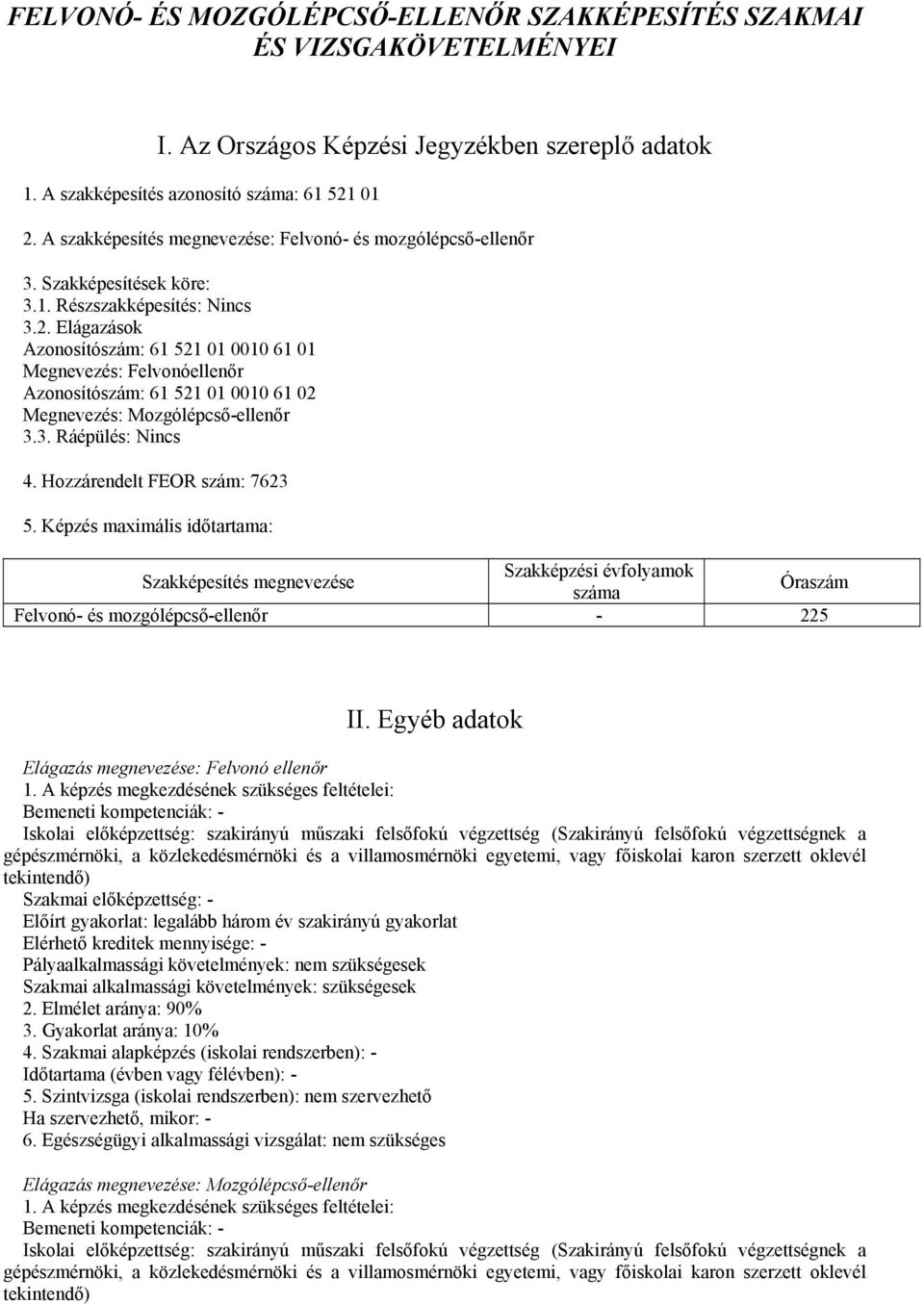 Elágazások Azonosítószám: 61 521 01 0010 61 01 Megnevezés: Felvonóellenőr Azonosítószám: 61 521 01 0010 61 02 Megnevezés: Mozgólépcső-ellenőr 3.3. Ráépülés: Nincs 4. Hozzárendelt FEOR szám: 7623 5.