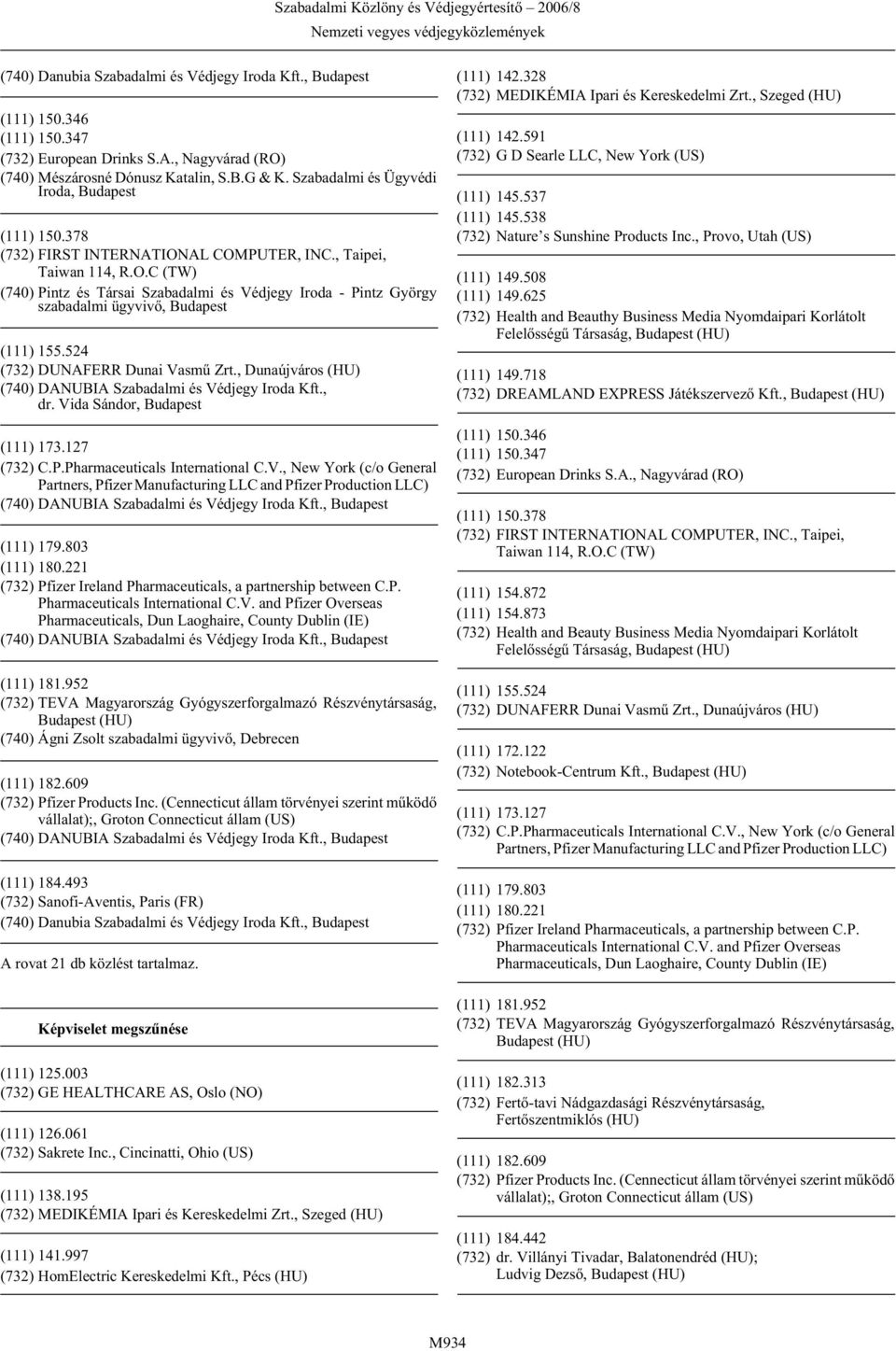 524 (732) DUNAFERR Dunai Vasmû Zrt., Dunaújváros (HU) (740) DANUBIA Szabadalmi és Védjegy Iroda Kft., dr. Vida Sándor, Budapest (111) 173.127 (732) C.P.Pharmaceuticals International C.V., New York (c/o General Partners, Pfizer Manufacturing LLC and Pfizer Production LLC) (740) DANUBIA Szabadalmi és Védjegy Iroda Kft.