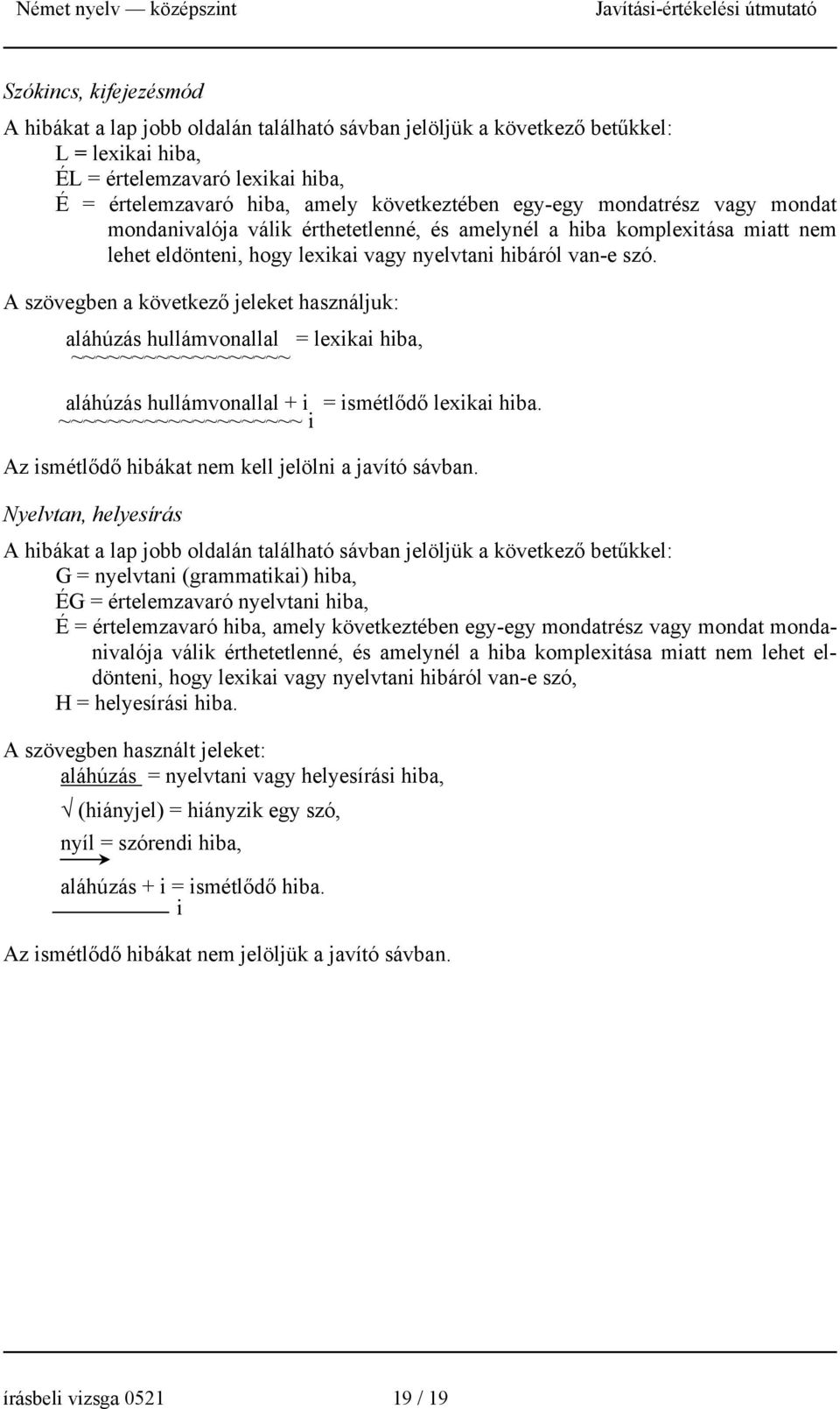 A szövegben a következő jeleket használjuk: aláhúzás hullámvonallal = lexikai hiba, ~~~~~~~~~~~~~~~~~~ aláhúzás hullámvonallal + i = ismétlődő lexikai hiba.