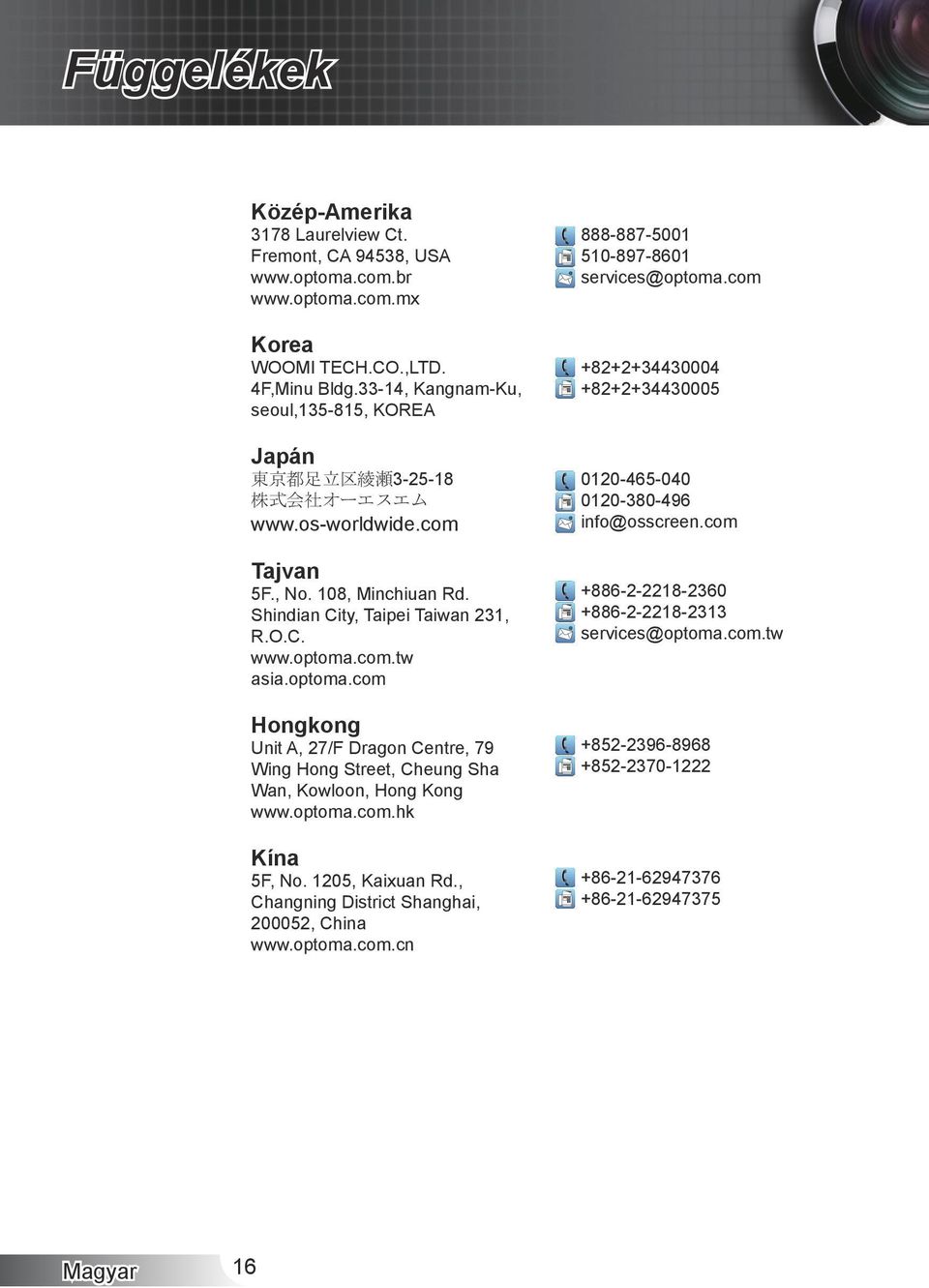 optoma.com Hongkong Unit A, 27/F Dragon Centre, 79 Wing Hong Street, Cheung Sha Wan, Kowloon, Hong Kong www.optoma.com.hk Kína 5F, No. 1205, Kaixuan Rd.