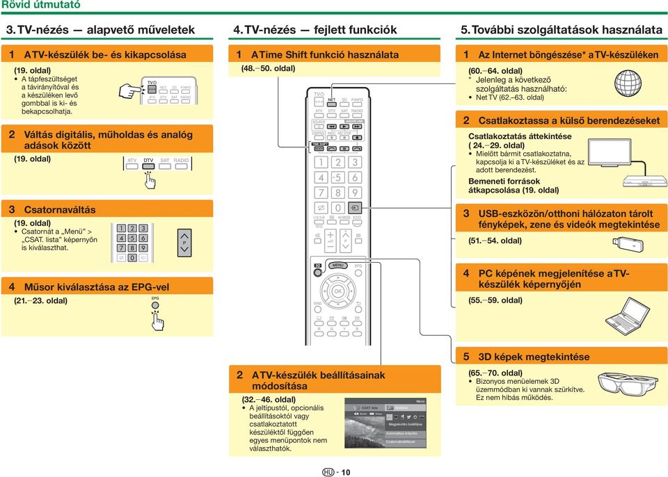 TV-nézés fejlett funkciók 1 A Time Shift funkció használata (48._50. oldal) 5. További szolgáltatások használata 1 Az Internet böngészése* a TV-készüléken (60._64.