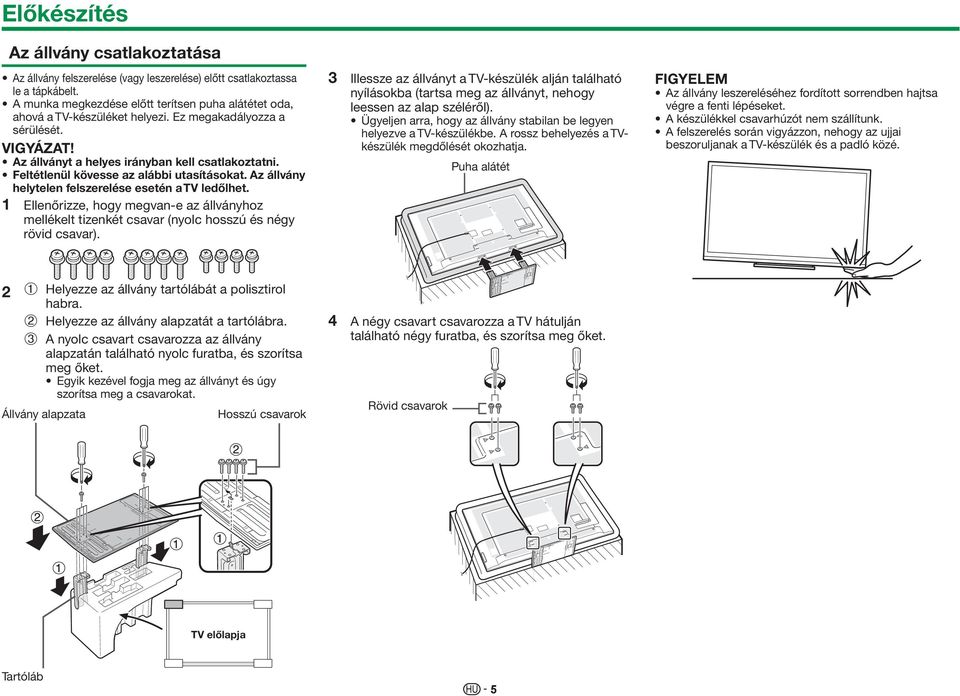 Feltétlenül kövesse az alábbi utasításokat. Az állvány helytelen felszerelése esetén a TV ledőlhet.
