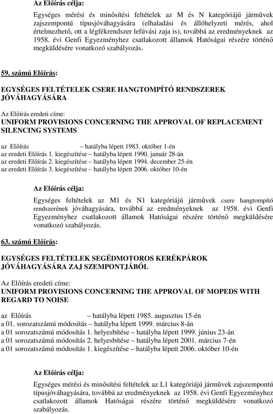 számú Előírás: EGYSÉGES FELTÉTELEK CSERE HANGTOMPÍTÓ RENDSZEREK JÓVÁHAGYÁSÁRA UNIFORM PROVISIONS CONCERNING THE APPROVAL OF REPLACEMENT SILENCING SYSTEMS hatályba lépett 1983.