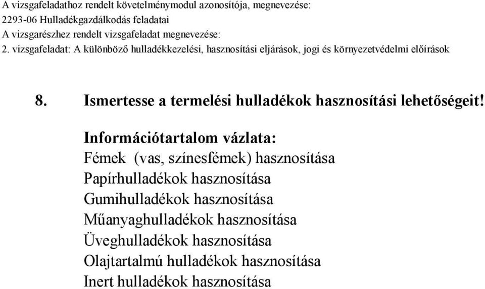 Papírhulladékok hasznosítása Gumihulladékok hasznosítása Műanyaghulladékok