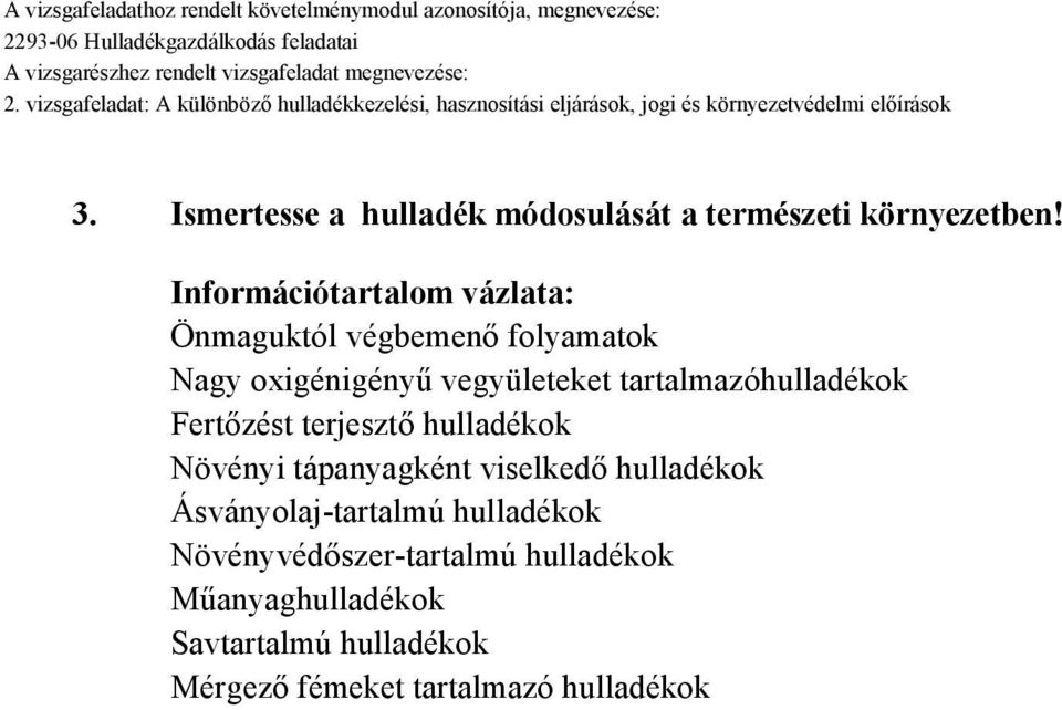 tartalmazóhulladékok Fertőzést terjesztő hulladékok Növényi tápanyagként viselkedő hulladékok