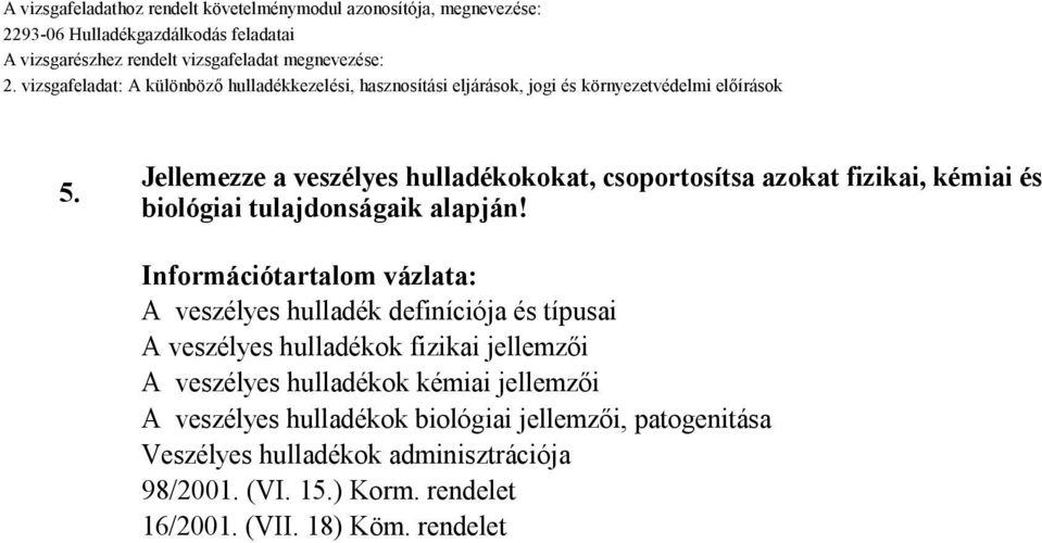 Információtartalom vázlata: A veszélyes hulladék definíciója és típusai A veszélyes hulladékok fizikai