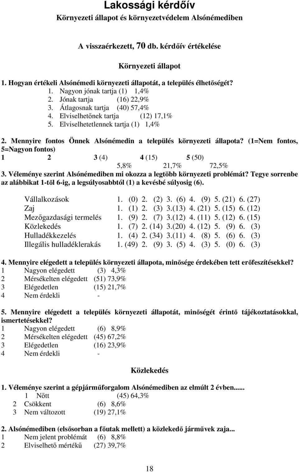 Elviselhetınek tartja (12) 17,1% 5. Elviselhetetlennek tartja (1) 1,4% 2. Mennyire fontos Önnek Alsónémedin a település környezeti állapota?