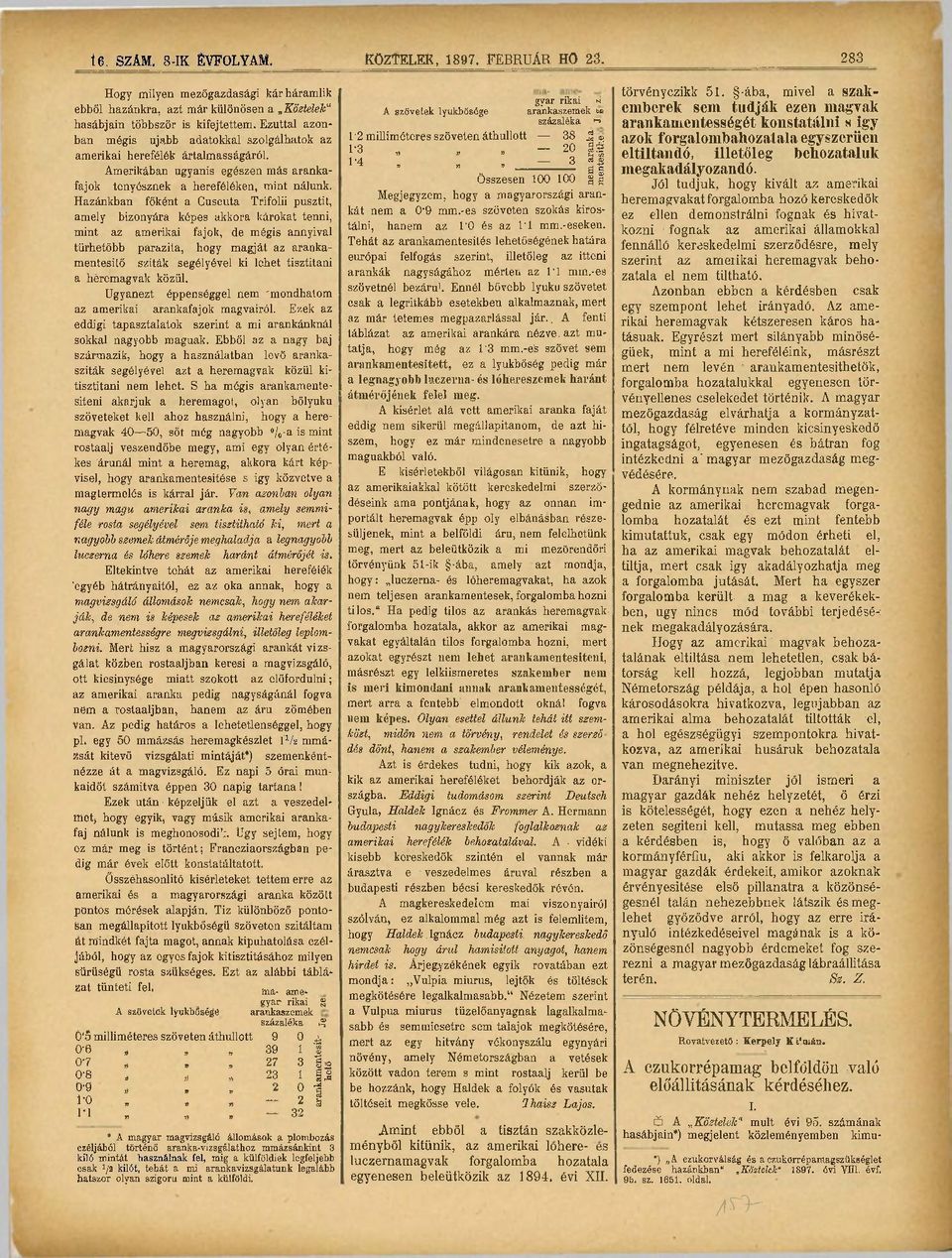 Hazánkban főként a Cuscuta Trifolii pusztit, amely bizonyára képes akkora károkat tenni, mint az amerikai fajok, de mégis annyival tűrhetőbb parazita, hogy magját az arankamentesitő sziták segélyével