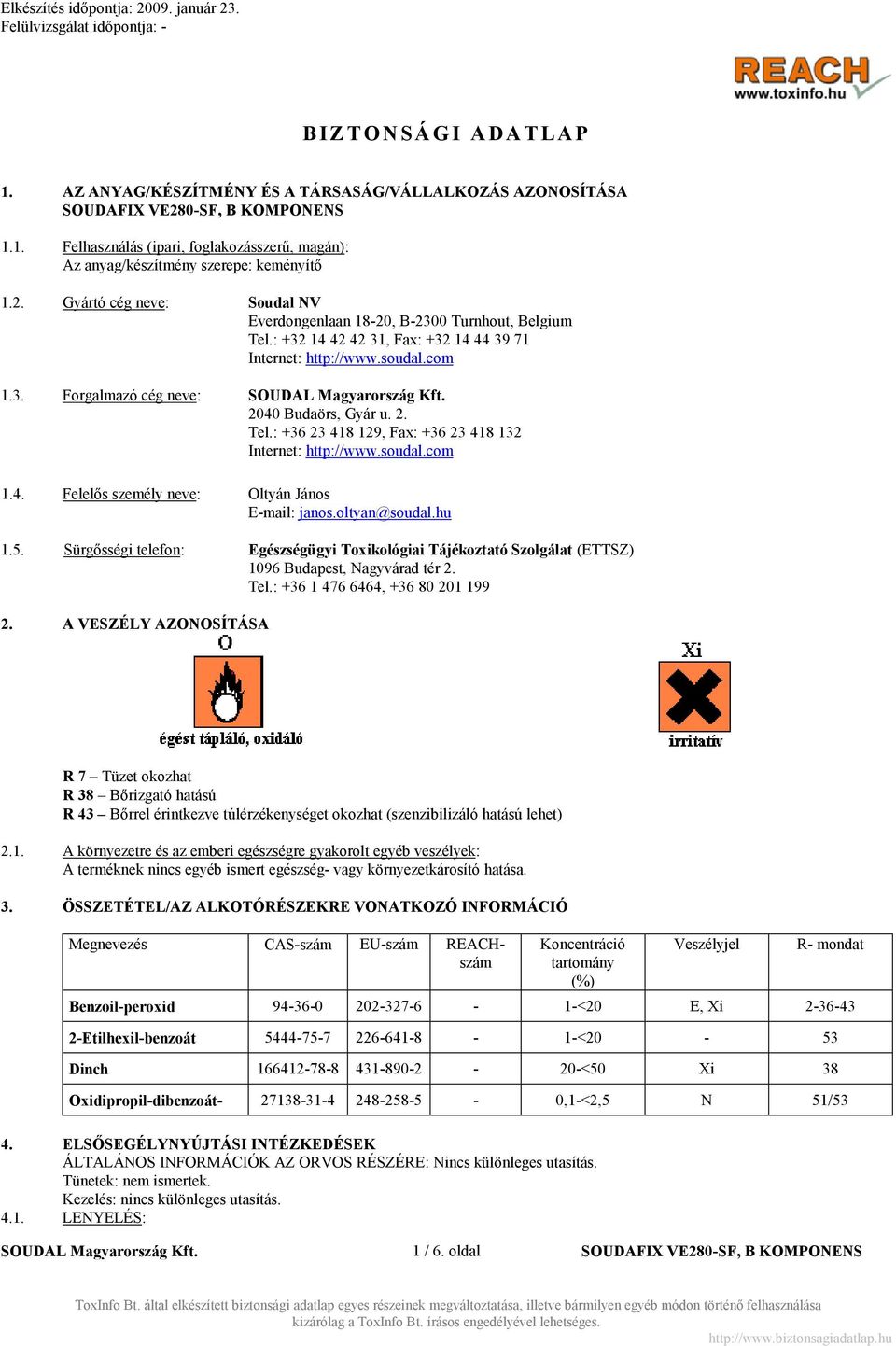 soudal.com 1.4. Felelős személy neve: Oltyán János E-mail: janos.oltyan@soudal.hu 1.5. Sürgősségi telefon: Egészségügyi Toxikológiai Tájékoztató Szolgálat (ETTSZ) 1096 Budapest, Nagyvárad tér 2. Tel.