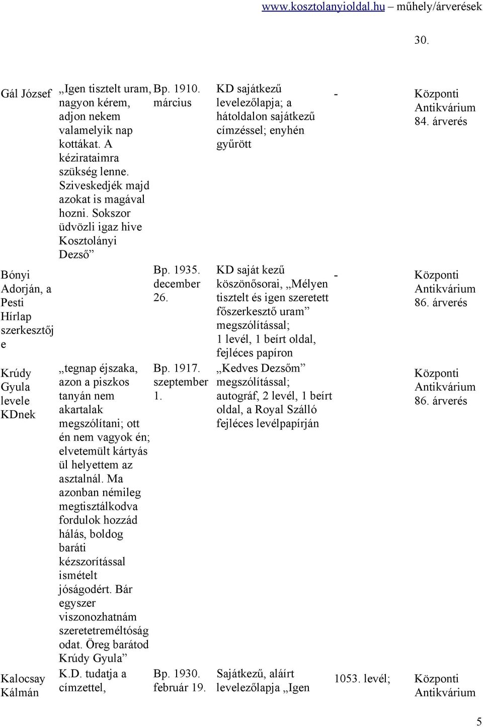 Sokszor üdvözli igaz hive Kosztolányi Dezső tegnap éjszaka, azon a piszkos tanyán nem akartalak megszólítani; ott én nem vagyok én; elvetemült kártyás ül helyettem az asztalnál.