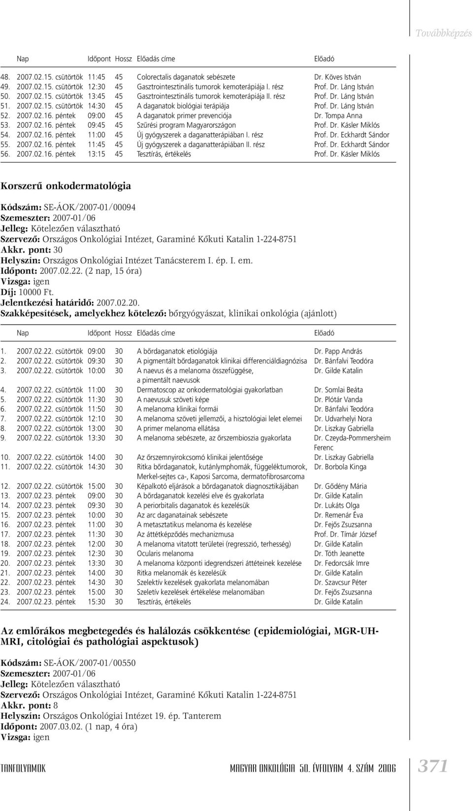 2007.02.16. péntek 09:00 45 A daganatok primer prevenciója Dr. Tompa Anna 53. 2007.02.16. péntek 09:45 45 Szûrési program Magyarországon Prof. Dr. Kásler Miklós 54. 2007.02.16. péntek 11:00 45 Új gyógyszerek a daganatterápiában I.