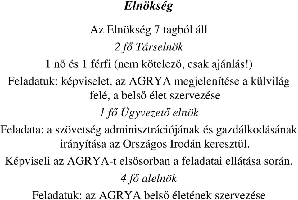 elnök Feladata: a szövetség adminisztrációjának és gazdálkodásának irányítása az Országos Irodán