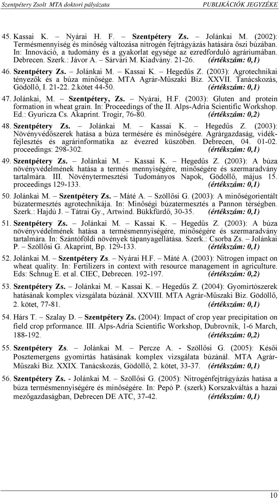 Hegedűs Z. (2003): Agrotechnikai tényezők és a búza minősége. MTA Agrár-Műszaki Biz. XXVII. Tanácskozás, Gödöllő, I. 21-22. 2.kötet 44-50. (értékszám: 0,1) 47. Jolánkai, M. Szentpétery, Zs. Nyárai, H.