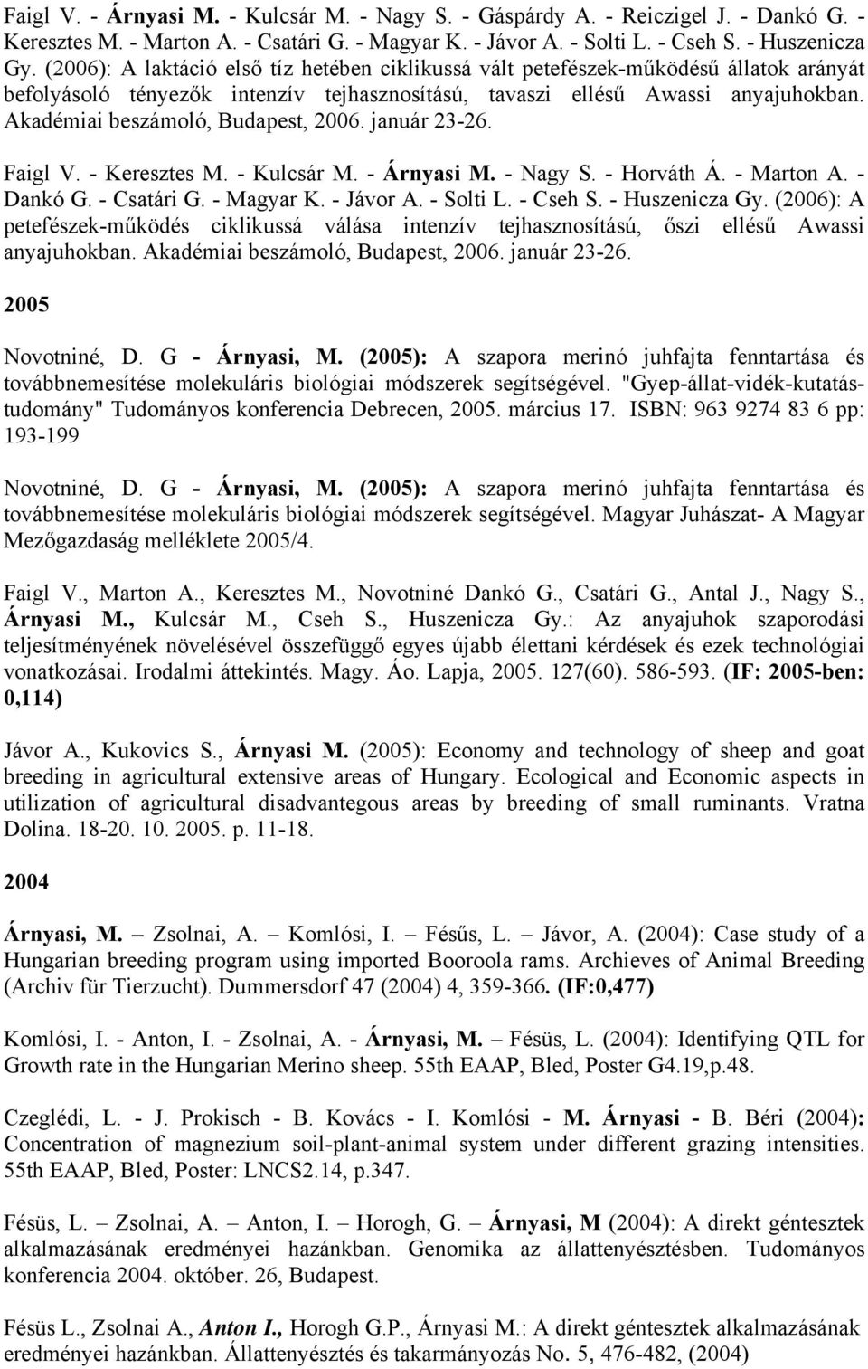 Akadémiai beszámoló, Budapest, 2006. január 23-26. Faigl V. - Keresztes M. - Kulcsár M. - Árnyasi M. - Nagy S. - Horváth Á. - Marton A. - Dankó G. - Csatári G. - Magyar K. - Jávor A. - Solti L.