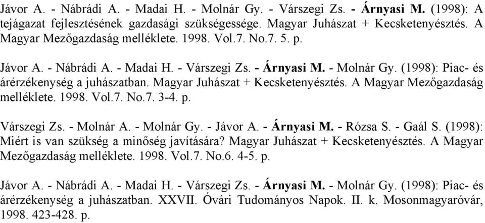 Magyar Juhászat + Kecsketenyésztés. A Magyar Mezőgazdaság melléklete. 1998. Vol.7. No.7. 3-4. p. Várszegi Zs. - Molnár A. - Molnár Gy. - Jávor A. - Árnyasi M. - Rózsa S. - Gaál S.