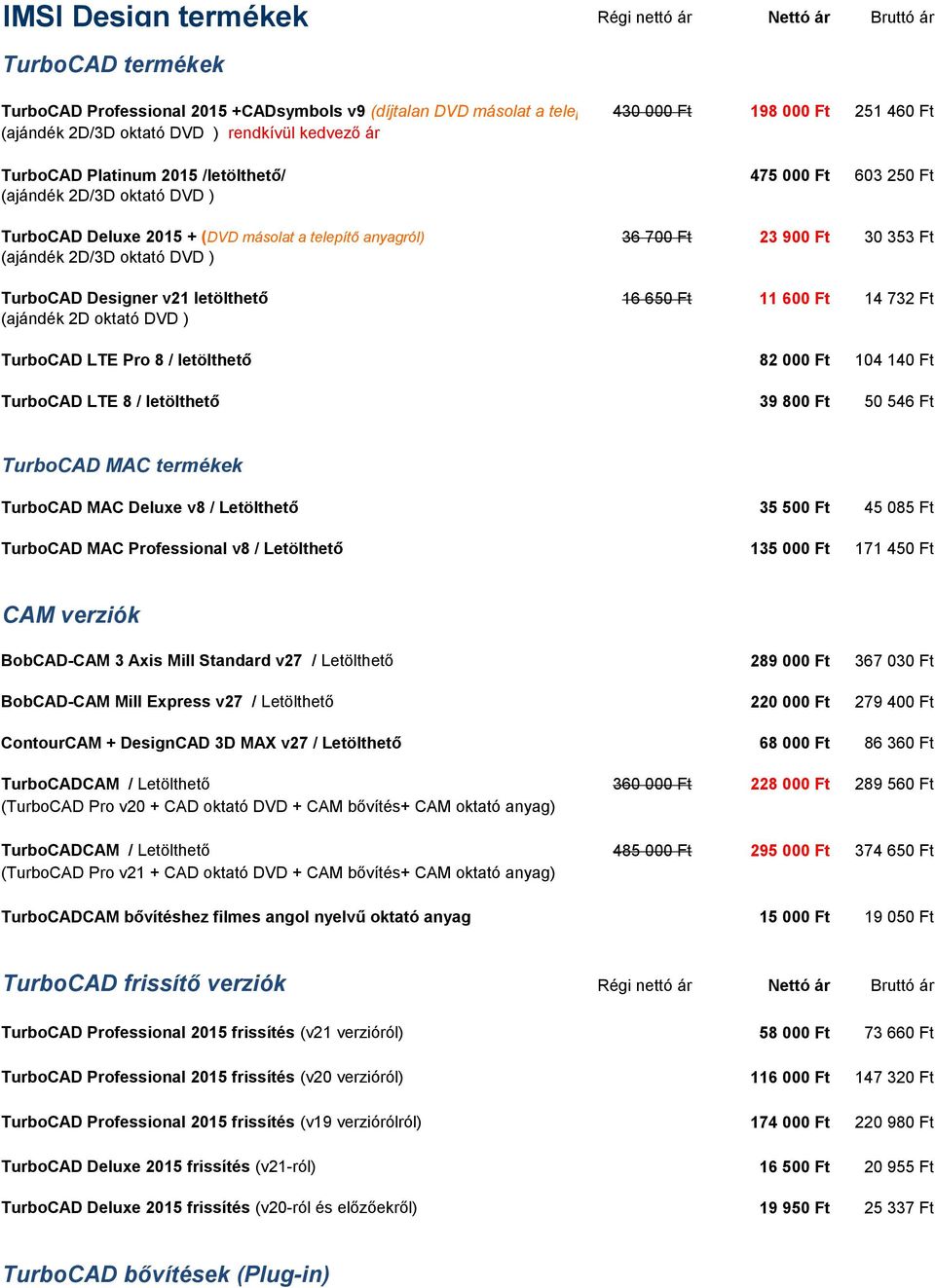 Ft 30 353 Ft (ajándék 2D/3D oktató DVD ) TurboCAD Designer v21 letölthető 16 650 Ft 11 600 Ft 14 732 Ft (ajándék 2D oktató DVD ) TurboCAD LTE Pro 8 / letölthető 82 000 Ft 104 140 Ft TurboCAD LTE 8 /