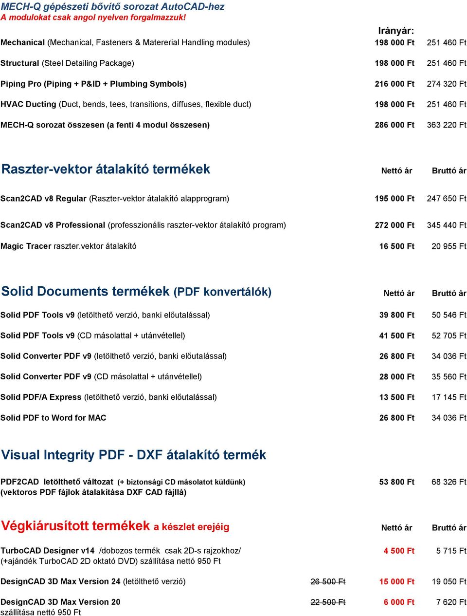 Symbols) 216 000 Ft 274 320 Ft HVAC Ducting (Duct, bends, tees, transitions, diffuses, flexible duct) 198 000 Ft 251 460 Ft MECH-Q sorozat összesen (a fenti 4 modul összesen) 286 000 Ft 363 220 Ft