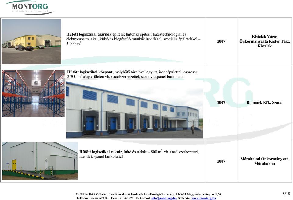 alapterületen vb. / acélszerkezettel, szendvicspanel burkolattal 2007 Biomark Kft., Szada Hűtött logisztikai raktár, hűtő és tárház 800 m 2 vb.