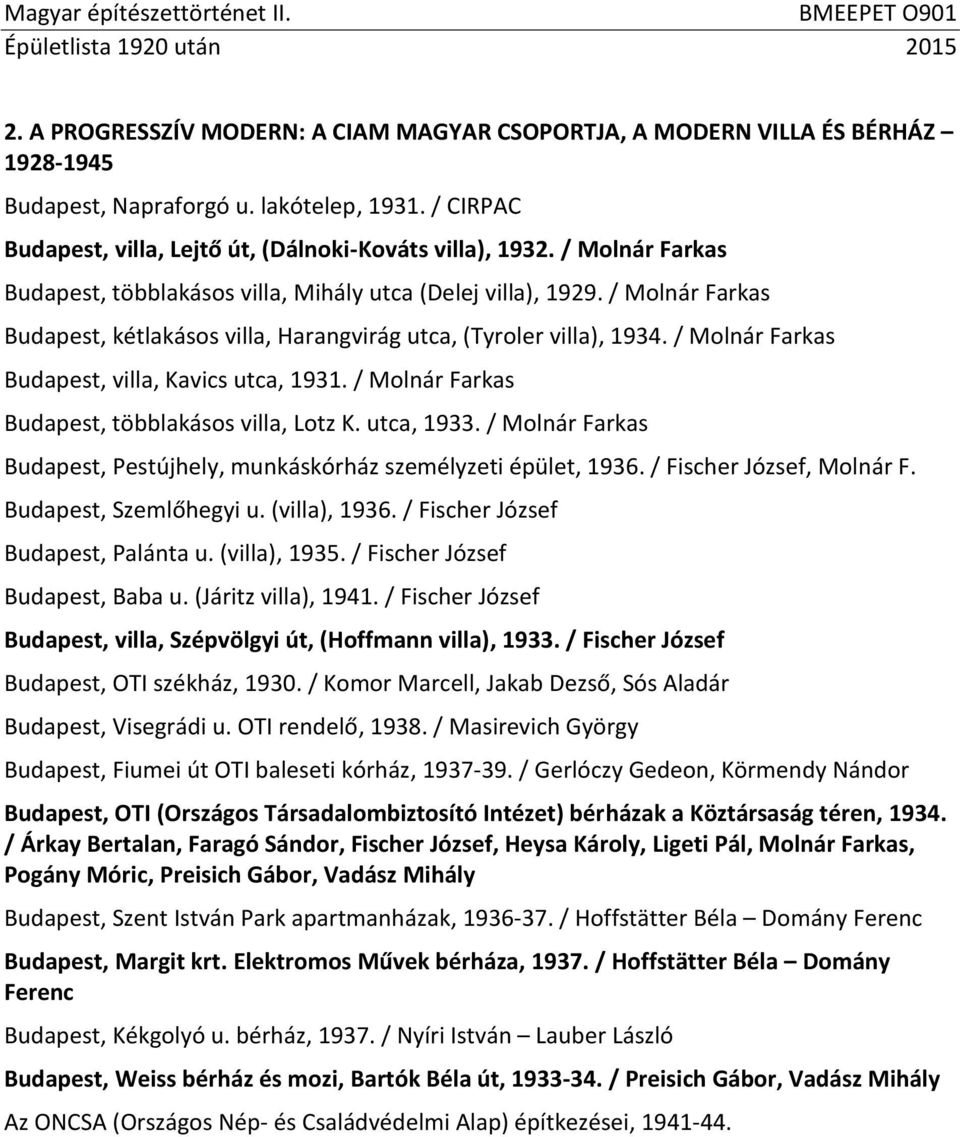 / Molnár Farkas Budapest, villa, Kavics utca, 1931. / Molnár Farkas Budapest, többlakásos villa, Lotz K. utca, 1933. / Molnár Farkas Budapest, Pestújhely, munkáskórház személyzeti épület, 1936.