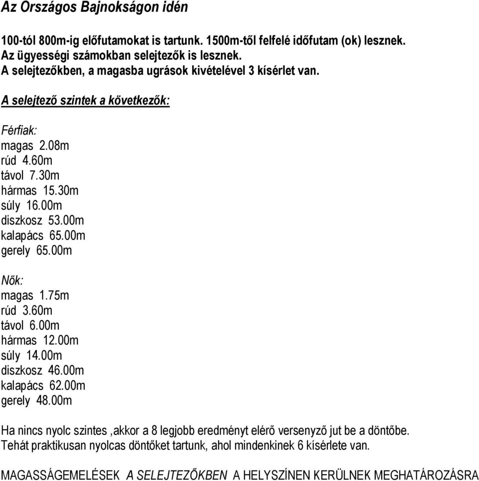 00m kalapács 65.00m gerely 65.00m Nők: magas 1.75m rúd 3.60m távol 6.00m hármas 12.00m súly 14.00m diszkosz 46.00m kalapács 62.00m gerely 48.