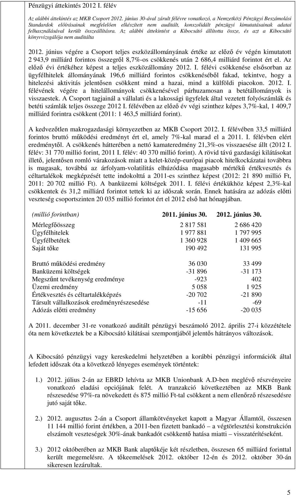 került összeállításra. Az alábbi áttekintést a Kibocsátó állította össze, és azt a Kibocsátó könyvvizsgálója nem auditálta 2012.