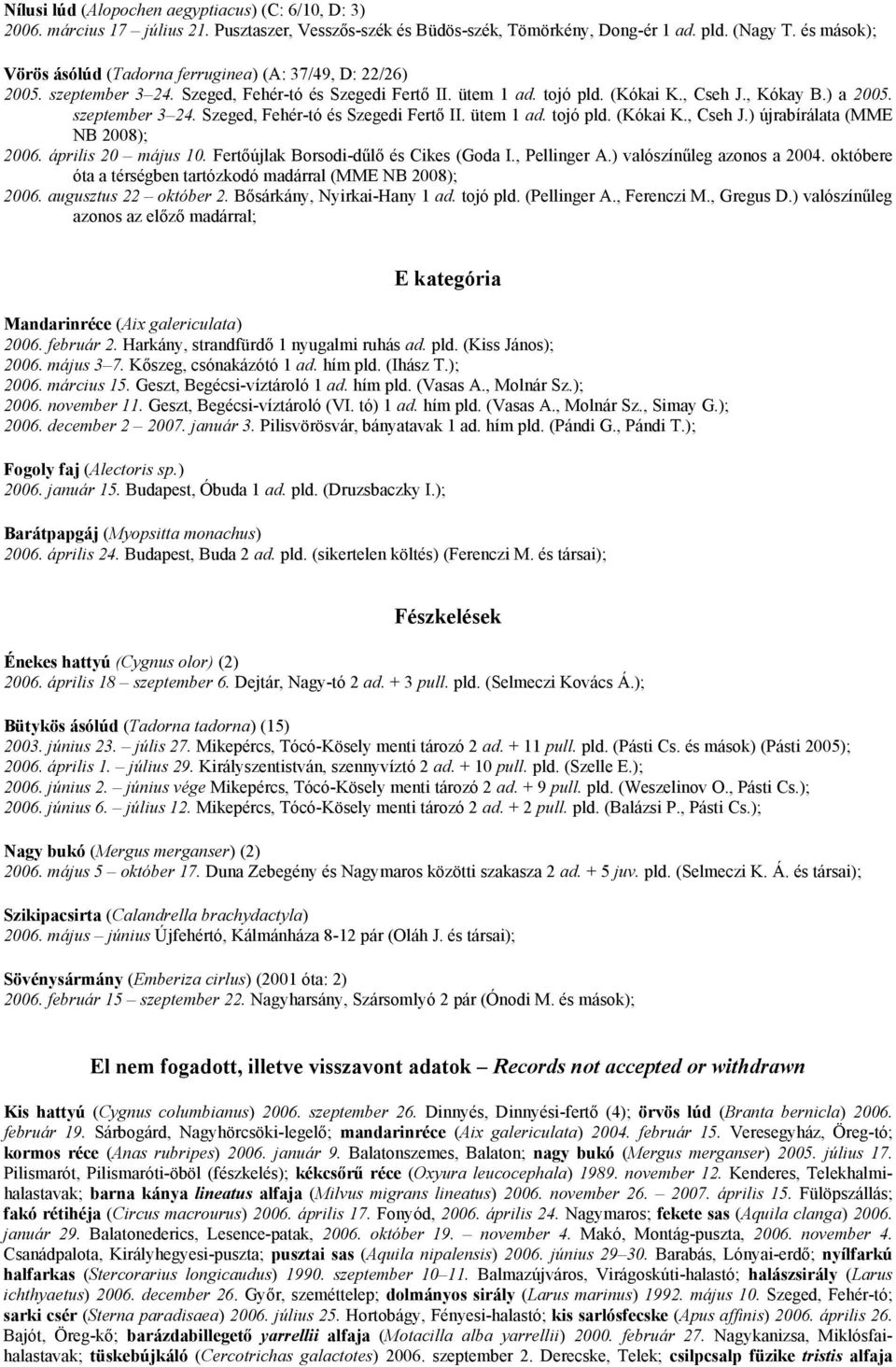 szeptember 3 24. Szeged, Fehér-tó és Szegedi Fertő II. ütem 1 ad. tojó pld. (Kókai K., Cseh J.) újrabírálata (MME NB 2008); 2006. április 20 május 10. Fertőújlak Borsodi-dűlő és Cikes (Goda I.