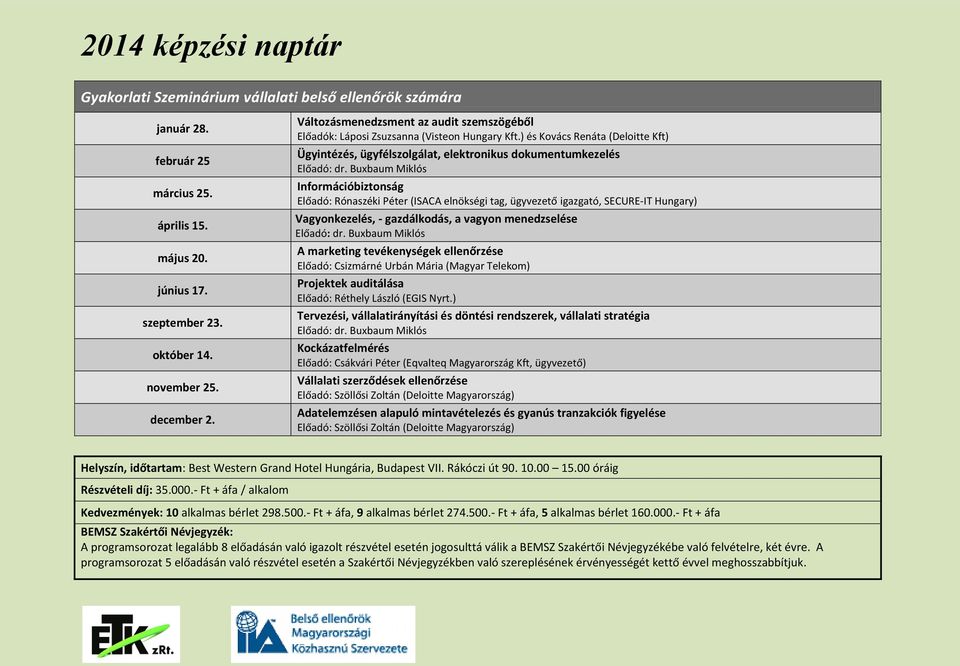 Buxbaum Miklós Információbiztonság Előadó: Rónaszéki Péter (ISACA elnökségi tag, ügyvezető igazgató, SECURE-IT Hungary) Vagyonkezelés, - gazdálkodás, a vagyon menedzselése Előadó: dr.