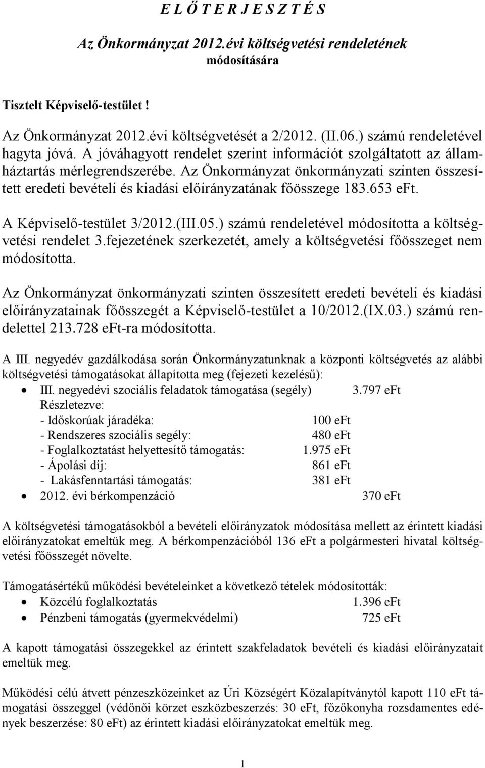 Az Önkormányzat önkormányzati szinten összesített eredeti bevételi és kiadási előirányzatának fő 183.653 eft. A Képviselő-testület 3/2012.(III.05.