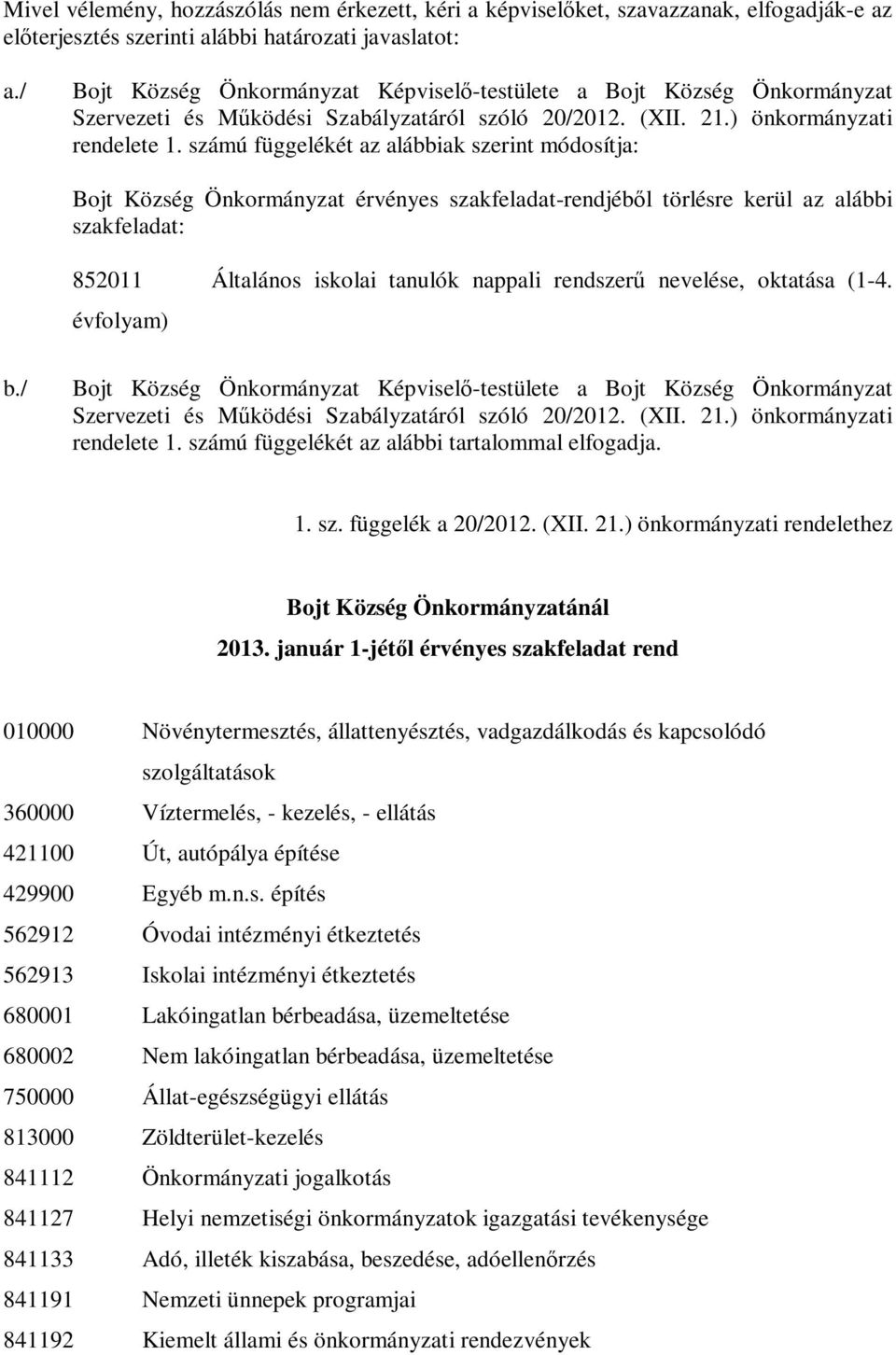 számú függelékét az alábbiak szerint módosítja: Bojt Község Önkormányzat érvényes szakfeladat-rendjéből törlésre kerül az alábbi szakfeladat: 852011 Általános iskolai tanulók nappali rendszerű