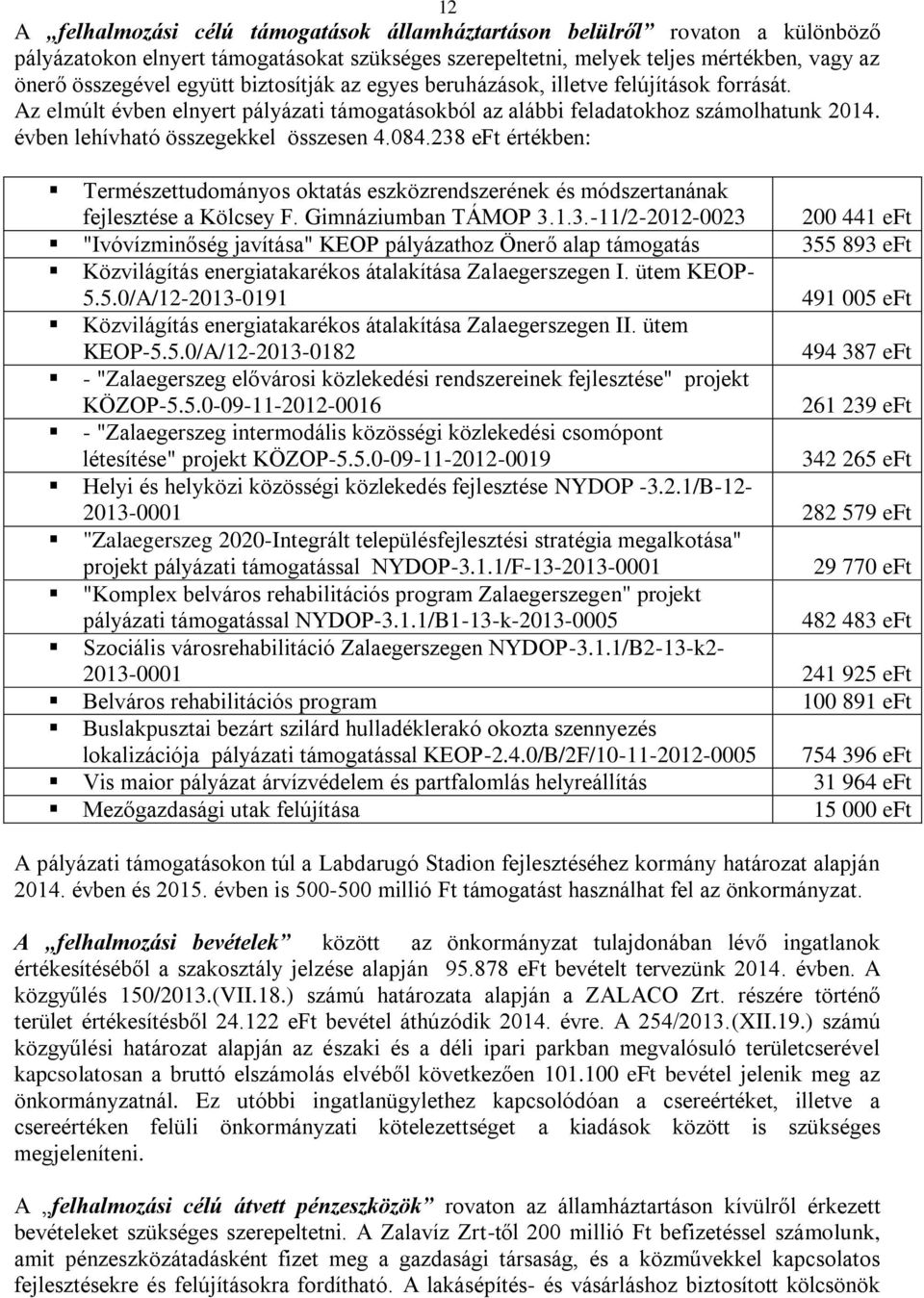 238 eft értékben: Természettudományos oktatás eszközrendszerének és módszertanának fejlesztése a Kölcsey F. Gimnáziumban TÁMOP 3.1.3.-11/2-2012-0023 200 441 eft "Ivóvízminőség javítása" KEOP pályázathoz Önerő alap támogatás 355 893 eft Közvilágítás energiatakarékos átalakítása Zalaegerszegen I.