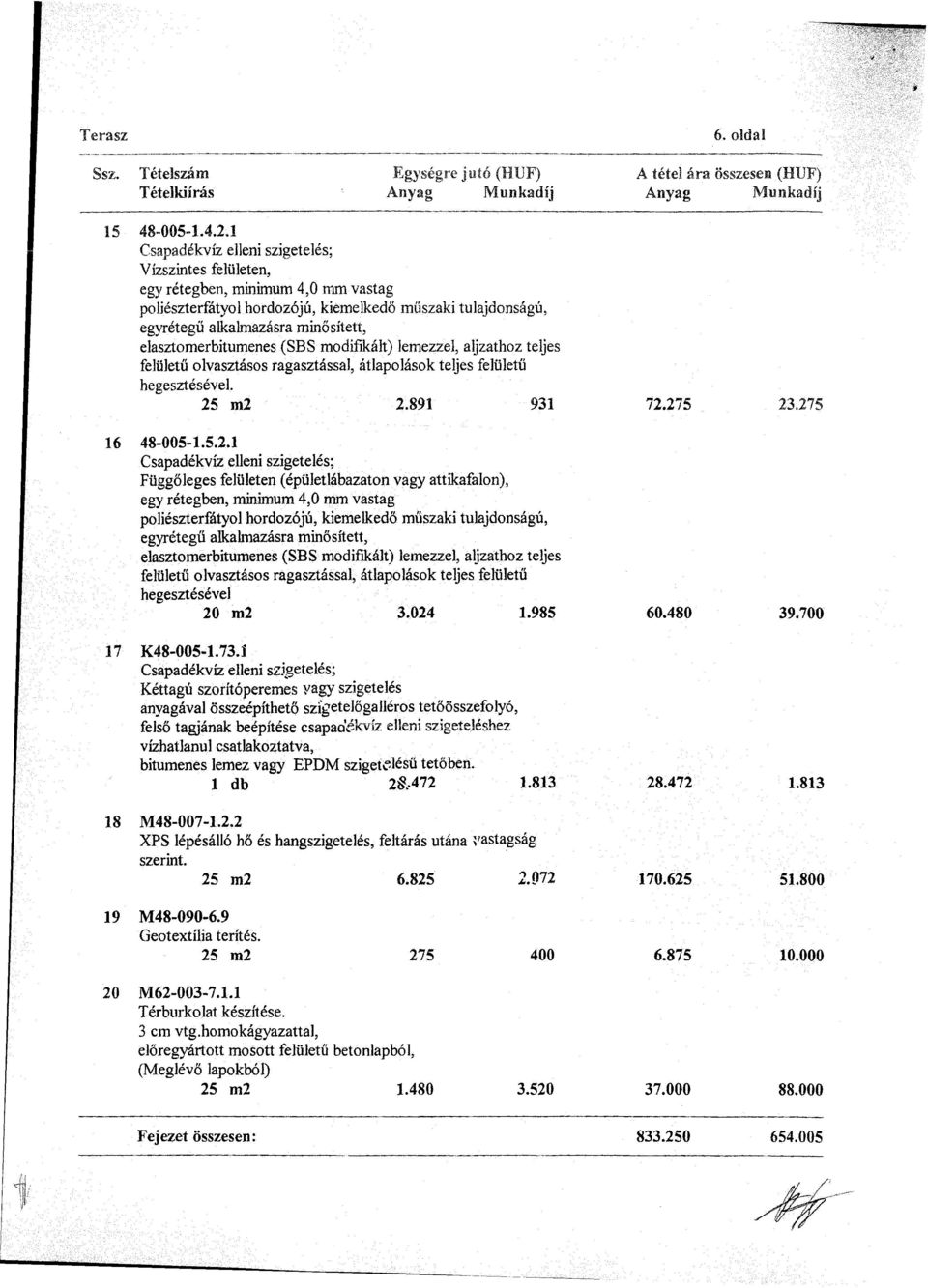 elasztomerbitumenes (SBS modifikált) lemezzel, aljzathoz teljes felületű olvasztásos ragasztással, átlapolások teljes felületű hegesztésével 25