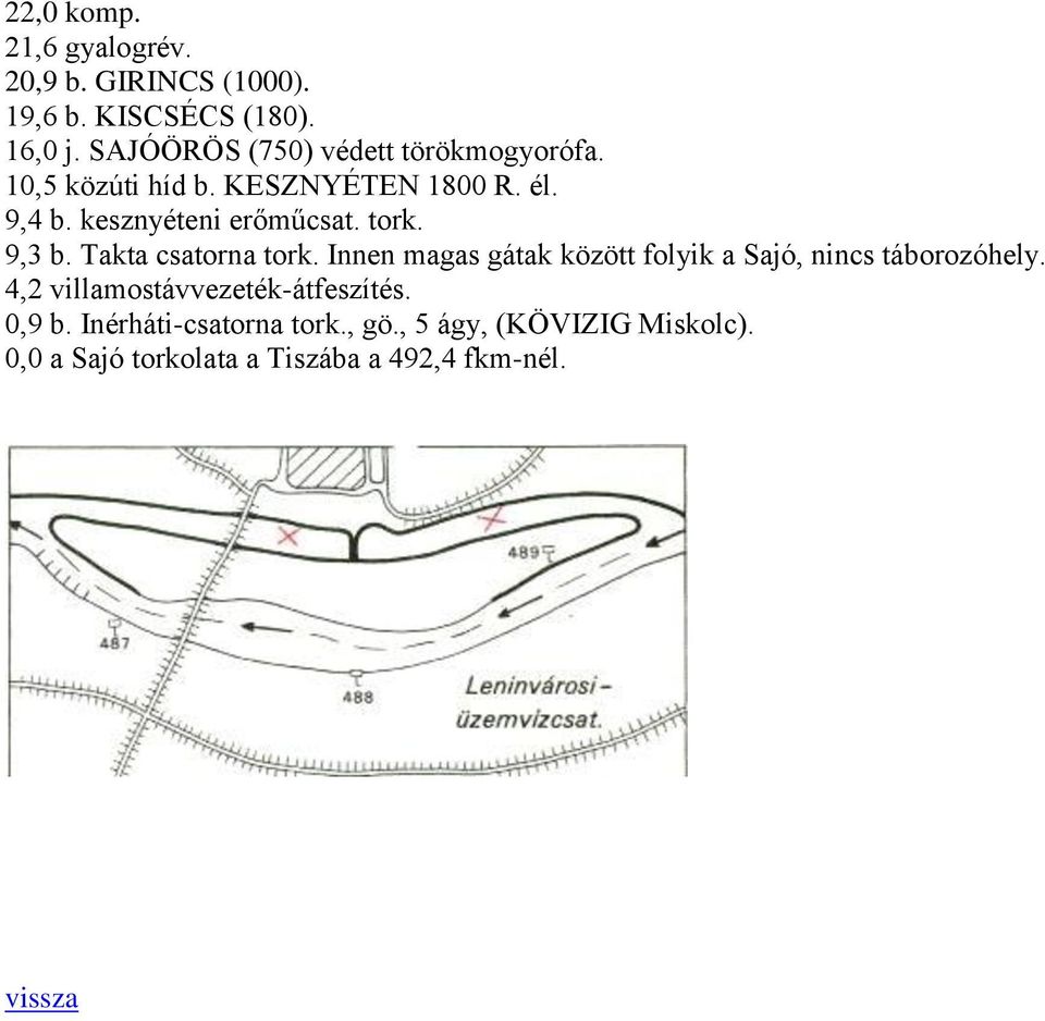 tork. 9,3 b. Takta csatorna tork. Innen magas gátak között folyik a Sajó, nincs táborozóhely.