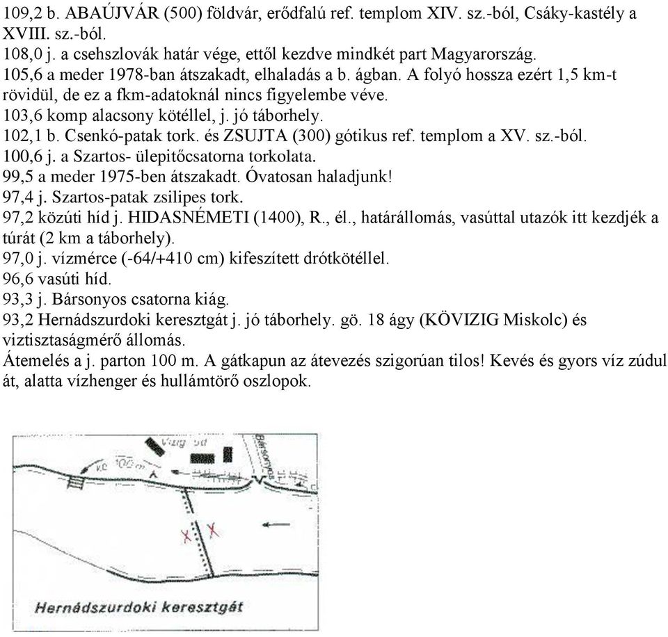 Csenkó-patak tork. és ZSUJTA (300) gótikus ref. templom a XV. sz.-ból. 100,6 j. a Szartos- ülepitőcsatorna torkolata. 99,5 a meder 1975-ben átszakadt. Óvatosan haladjunk! 97,4 j.