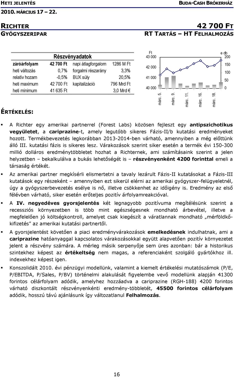 e db 200 150 100 50 0 A Richter egy amerikai partnerrel (Forest Labs) közösen fejleszt egy antipszichotikus vegyületet, a cariprazine-t, amely legutóbb sikeres Fázis-II/b kutatási eredményeket hozott.