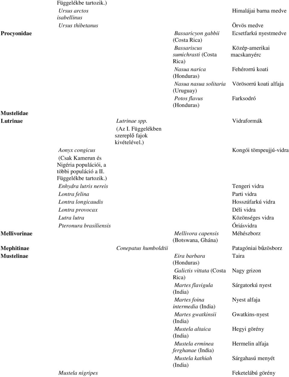 macskanyérc Rica) Nasua narica Fehérorrú koati (Honduras) Nasua nasua solitaria (Uruguay) Potos flavus Farksodró (Honduras) Mustelidae Lutrinae Lutrinae spp. Vidraformák (Az I.