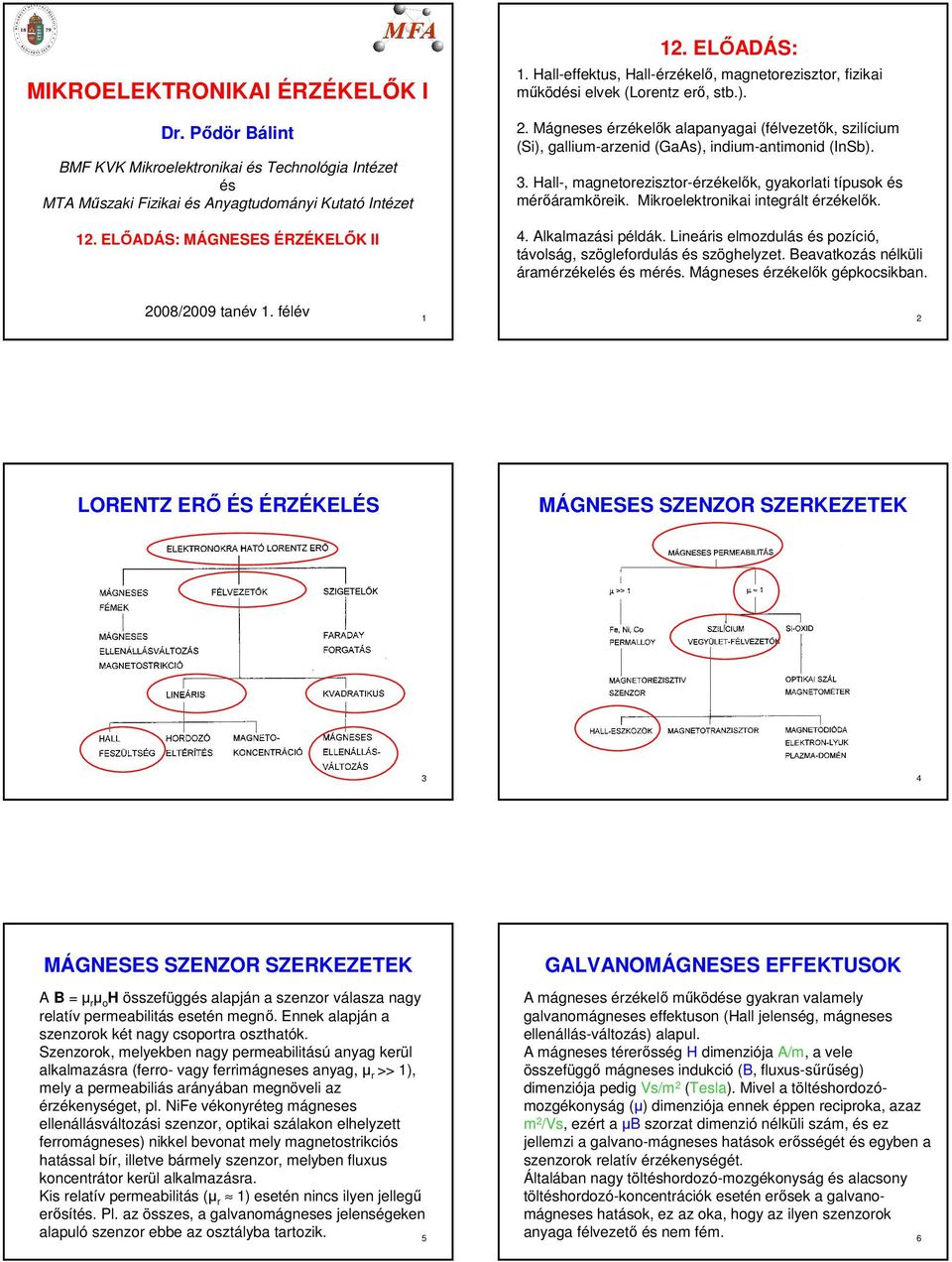 Mágneses érzékelık alapanyagai (félvezetık, szilícium (Si), gallium-arzenid (GaAs), indium-antimonid (InSb). 3. Hall-, magnetorezisztor-érzékelık, gyakorlati típusok és mérıáramköreik.